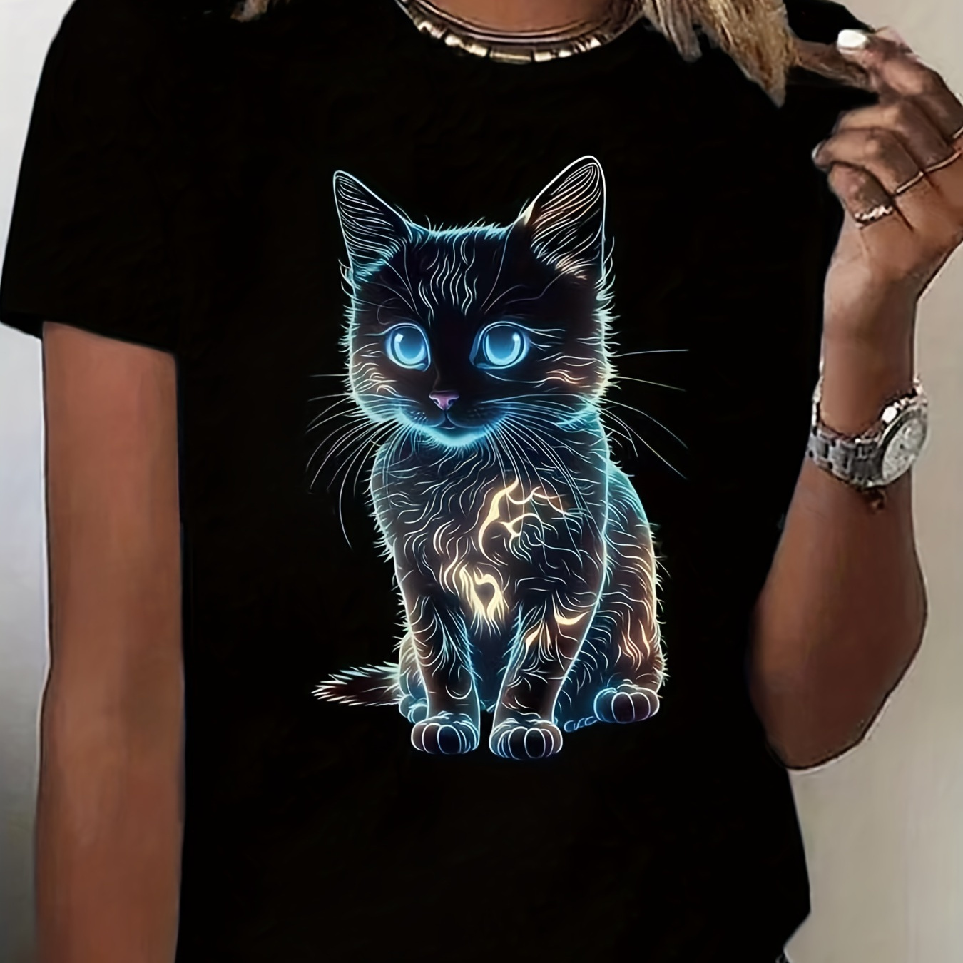 

T-shirt décontractée pour femme au col rond avec de chat , mélange de polyester et de spandex, motif animal, manche courte, haut tricoté été