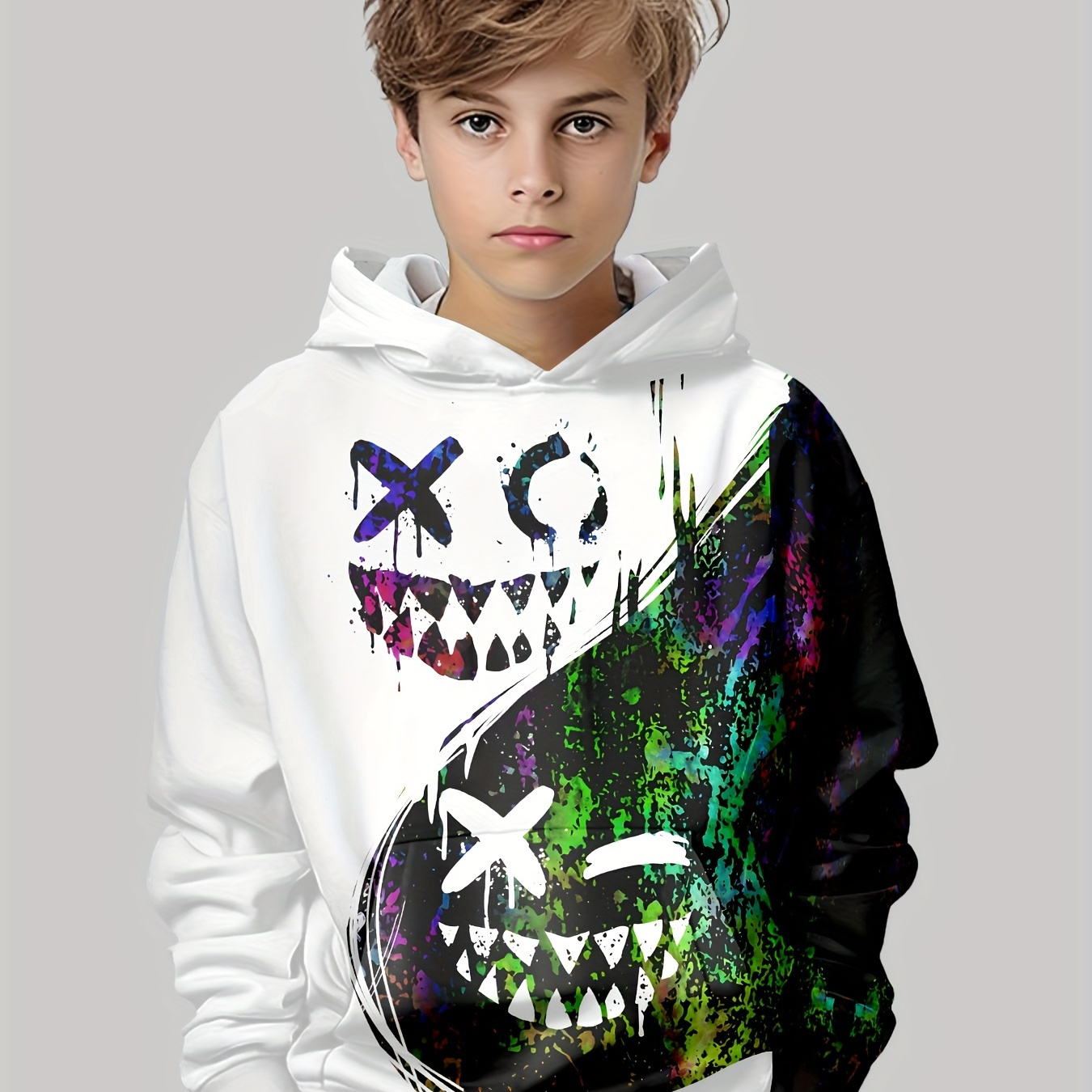 

Colorful Smiling Face 3d Print Boys Colorblock Long Sleeve Hoodie, Stay Stylish And Cozy Sweatshirt - Perfect Spring Fall Essential For Your Fashionista!