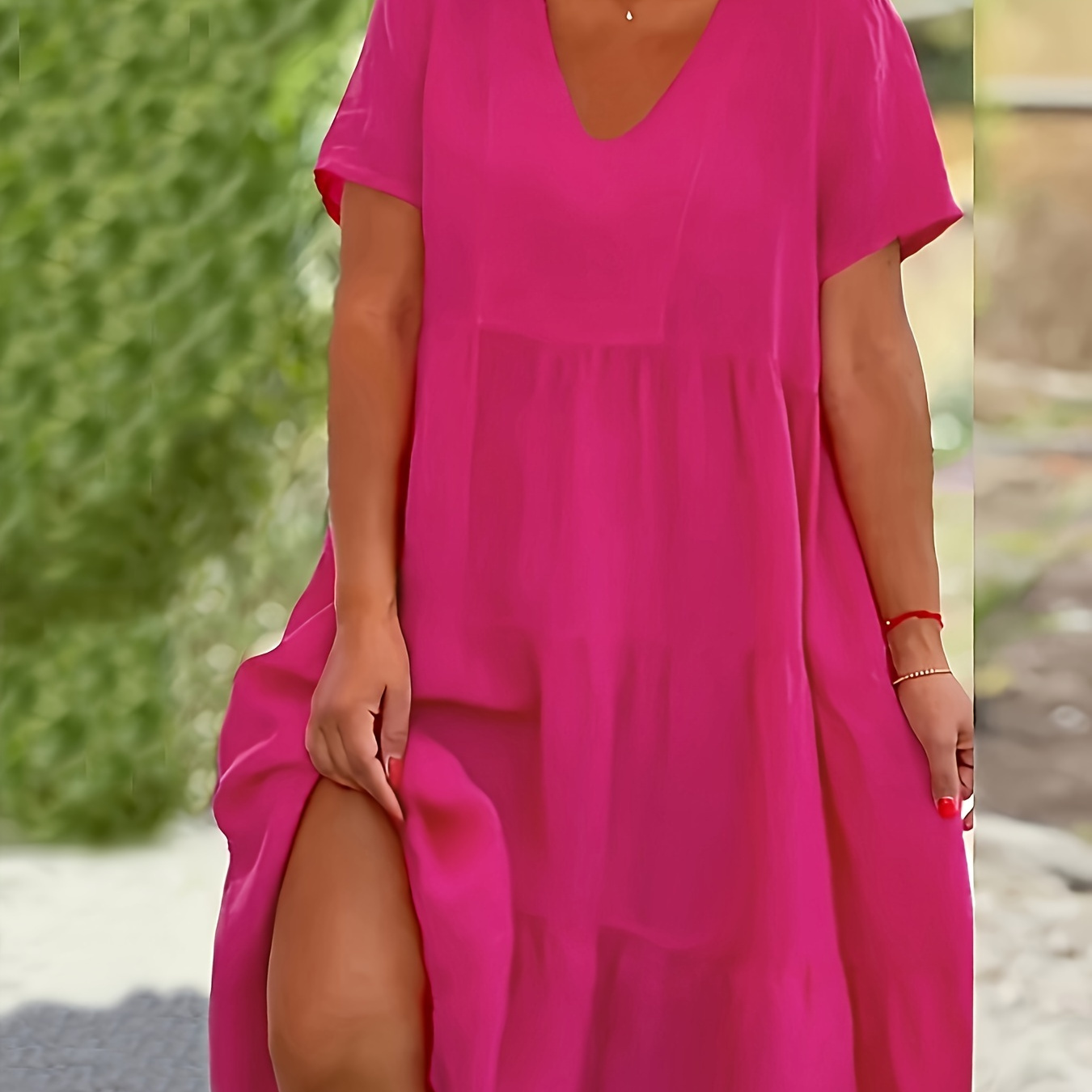 

Plus Size Solid V Neck Dress, Casual Loose Short Sleeve Ruffle Hem Dress For Spring & Summer, Women's Plus Size Clothing