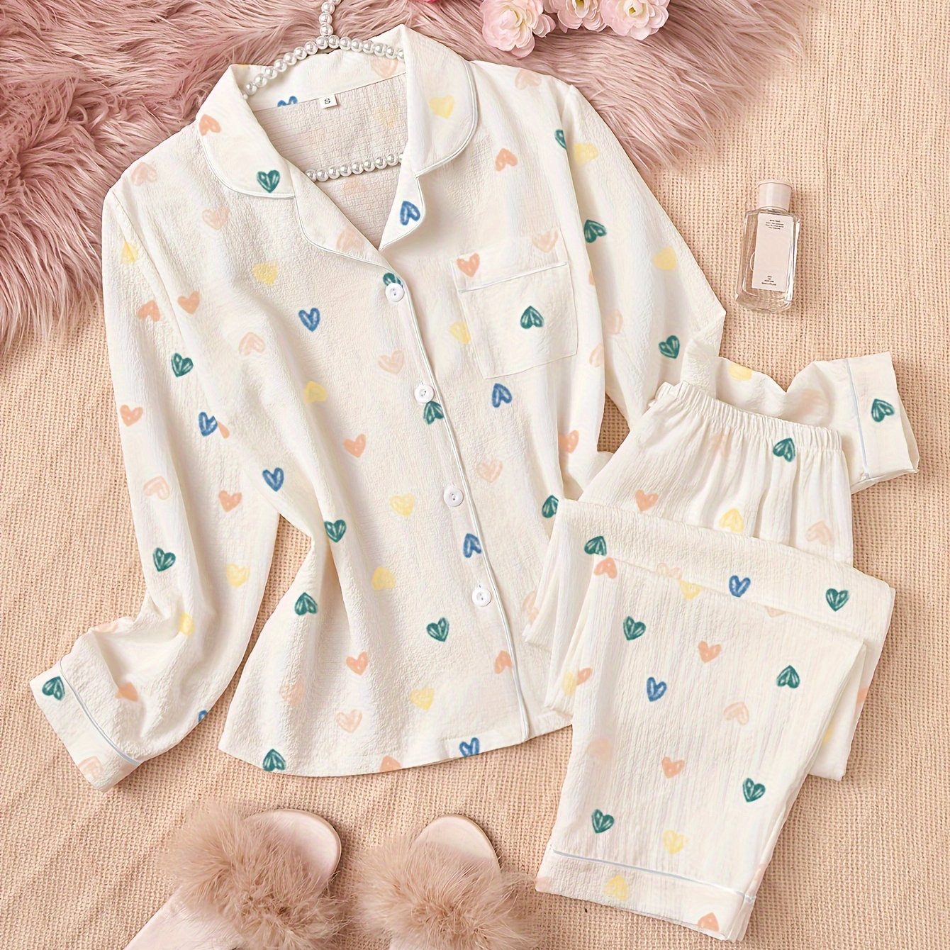 

Cozy Heart Print Pajama Set For Women - Long Sleeve Button- & Waist Pants, Soft Polyester , Machine Washable