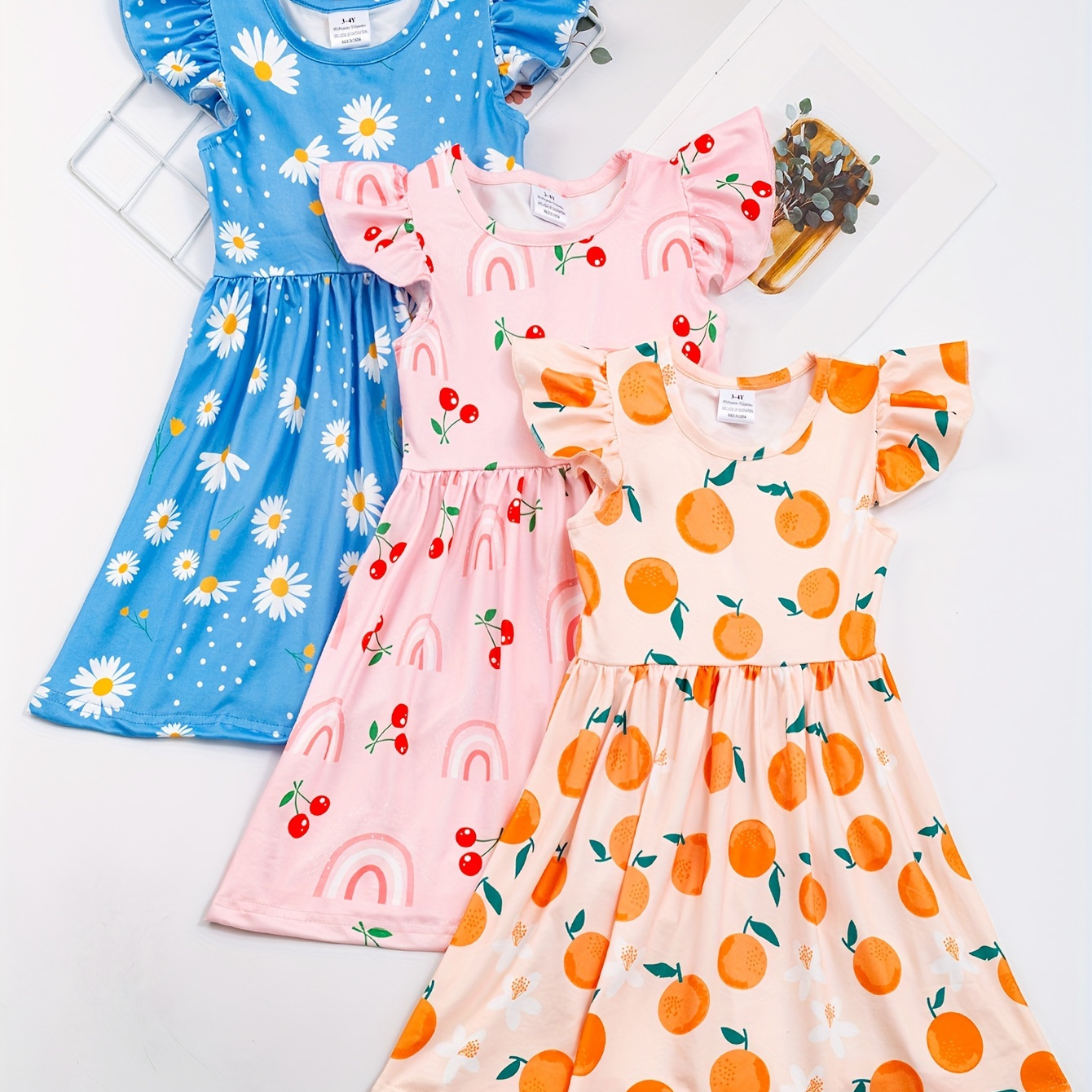 

Summer Girls 3pcs Fresh Fruit Rainbow Flower Print Flying Sleeve Dresses Set