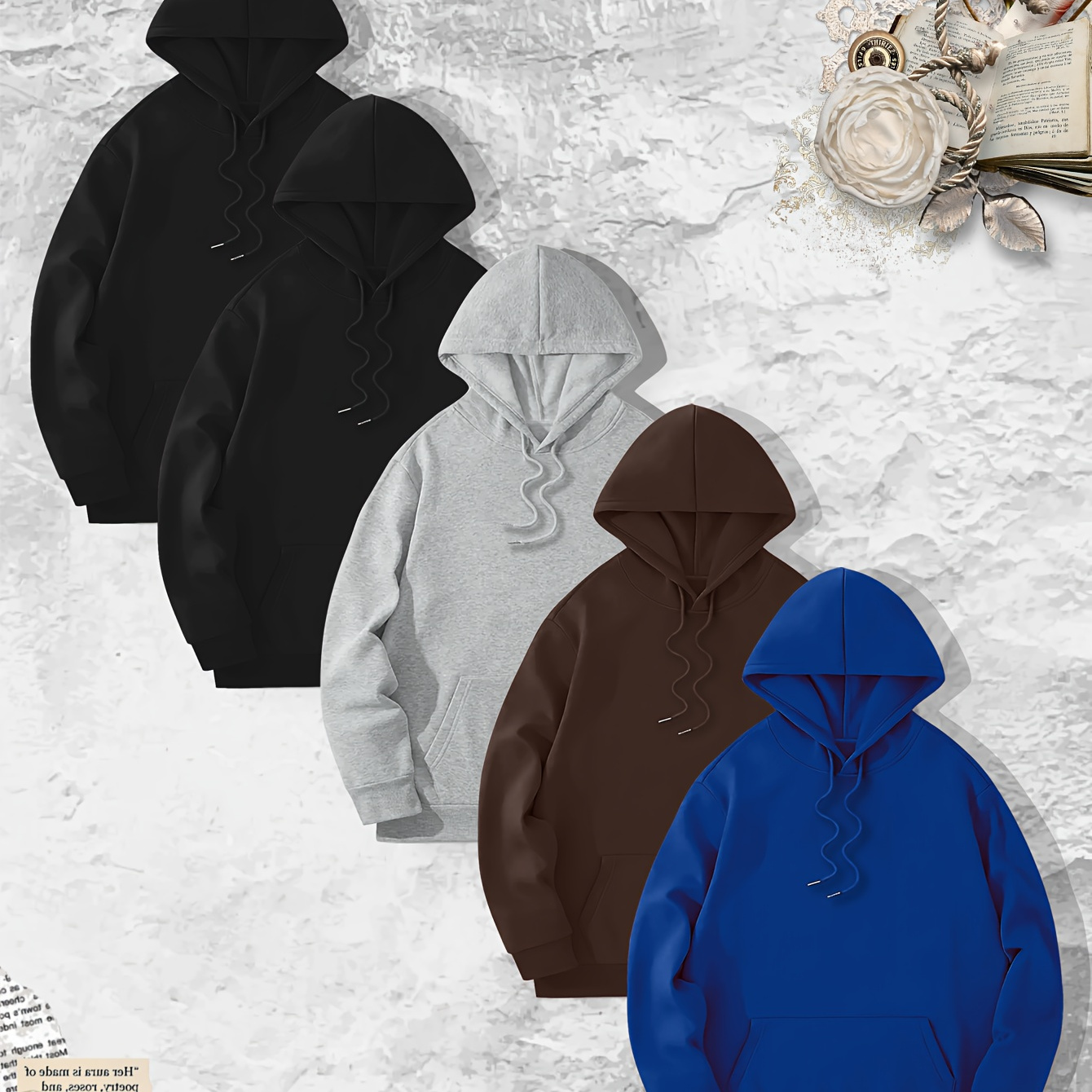 

5pcs Classic Solid Hoodie, Cool Hoodies For Men, Men's Casual Trendy Design Pullover Hooded Sweatshirt With Kangaroo Pocket Streetwear For Winter Fall, As Gifts