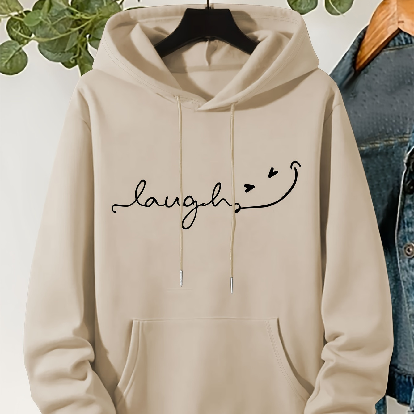 

Plus Size Laugh Letter Print Drawstring Hoodie, Warm Fleece Lined Long Sleeve Sweatshirt For Fall & Winter, Women's Plus Size Clothing