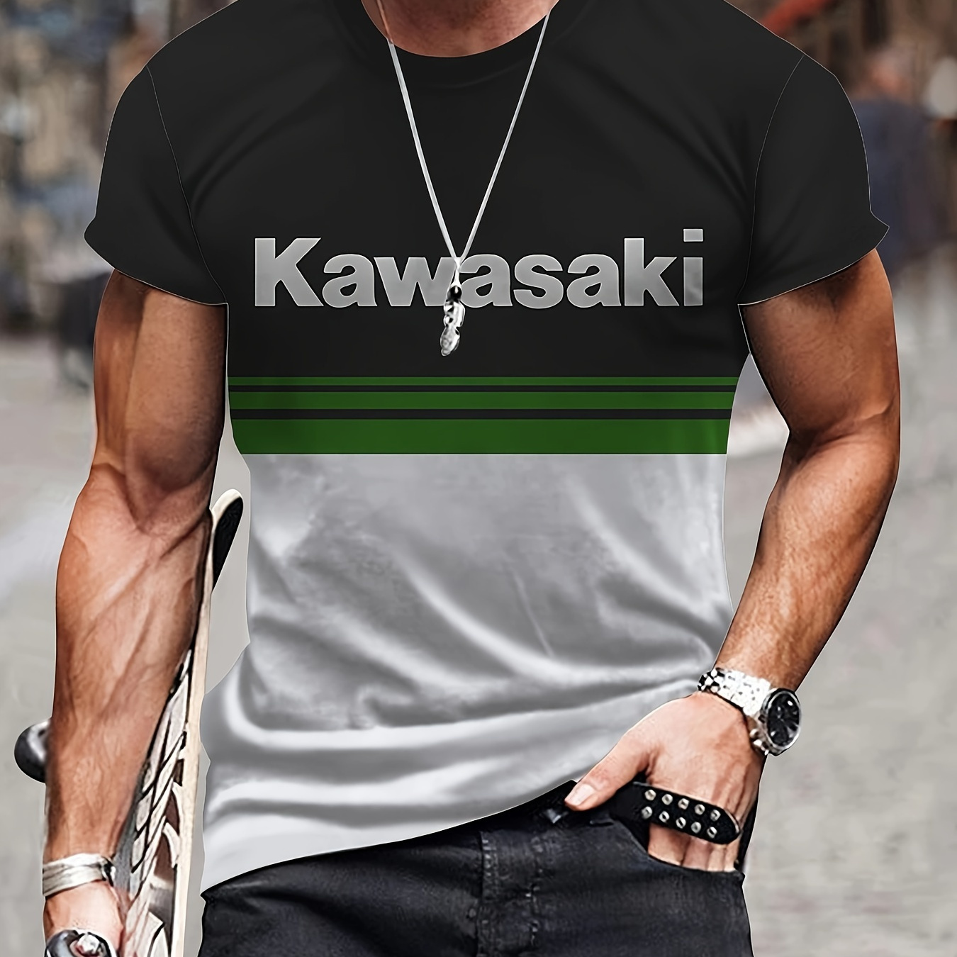 

Stripe Pattern And Alphabet Print "kawasaki" T-shirt With Crew Neck And Short Sleeve, Casual And Cool Sports Tops For Men's Summer Fitness And Workout Wear