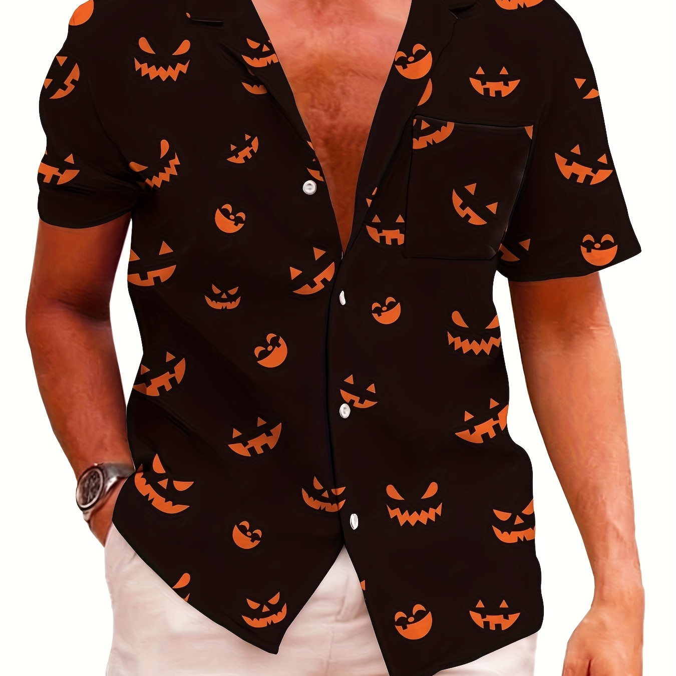 

Kyku New Casual Style Men's Halloween Pattern Short Sleeved Button Up Shirt For Leisure Vacation, Seaside, Summer, All Season Fashion Shirt, Button Up Shirt