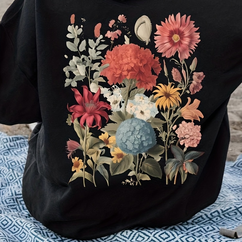 

Women's Floral Print Hoodie - 100% Polyester Knit Fabric, Pullover With Drawstring, Winter & Fall Hooded Sweatshirt, Picnic Apparel | Relaxed Fit Hoodie | Fabric