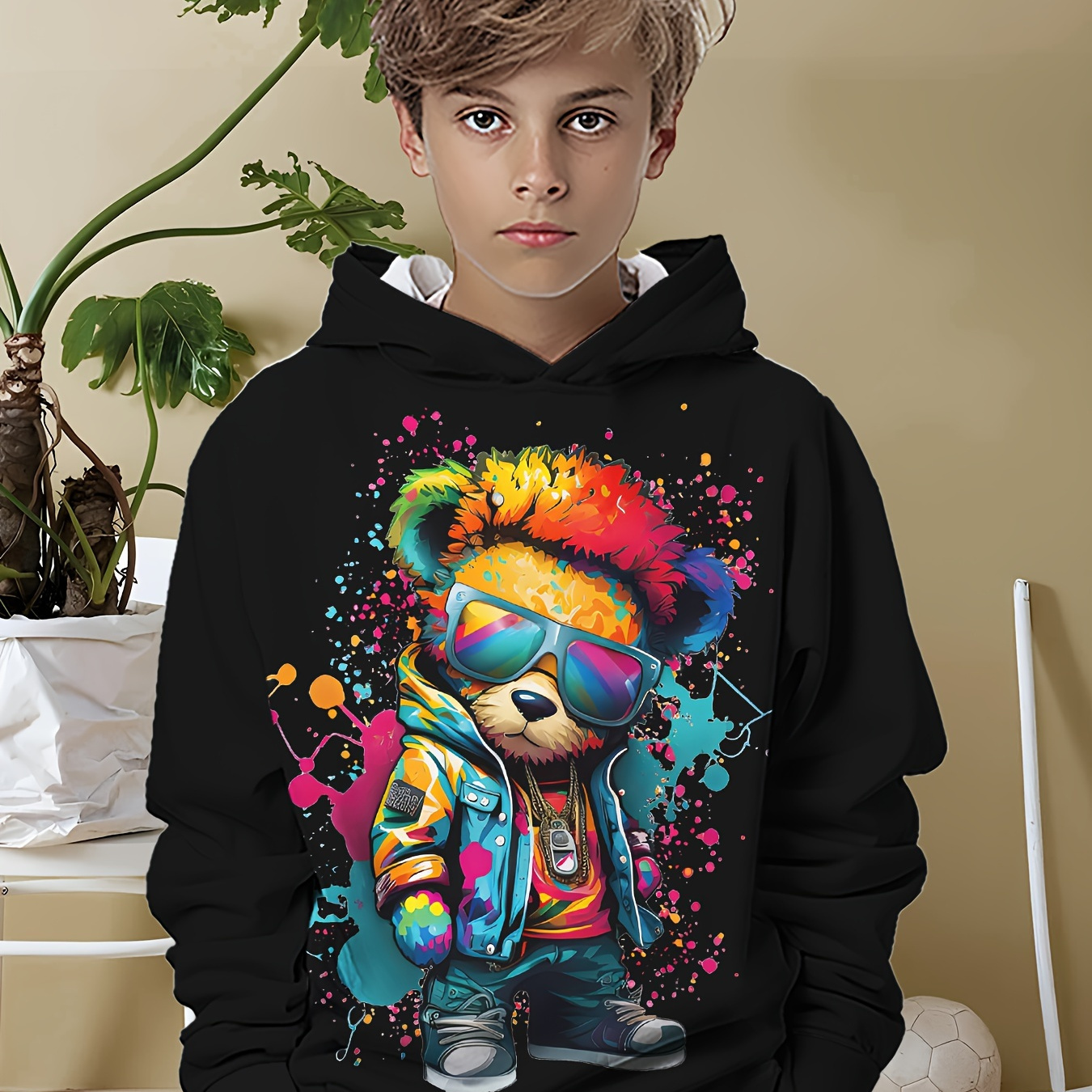 

Boys' Cool 3d Colorful Bear Print Hoodie - Casual Long Sleeve Pullover For Spring & Fall, Stretchy Polyester Blend