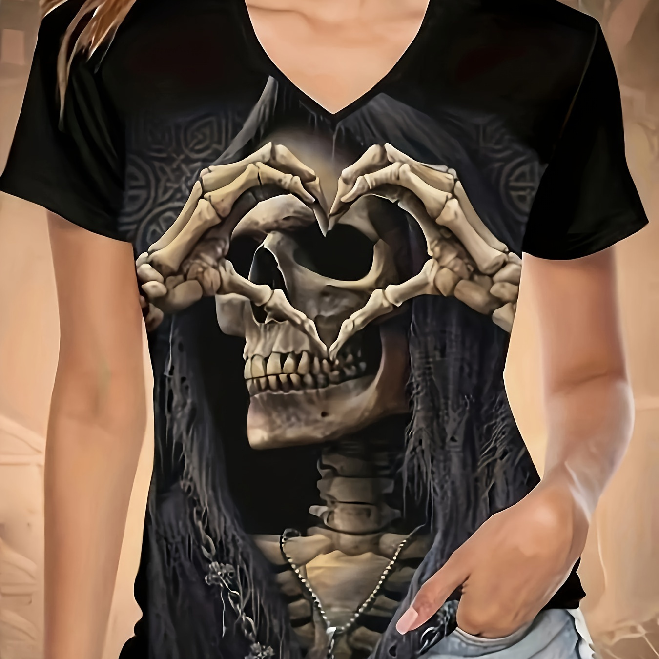 

Skull Print V Neck T-shirt, Casual Short Sleeve T-shirt For Spring & Summer, Women's Clothing
