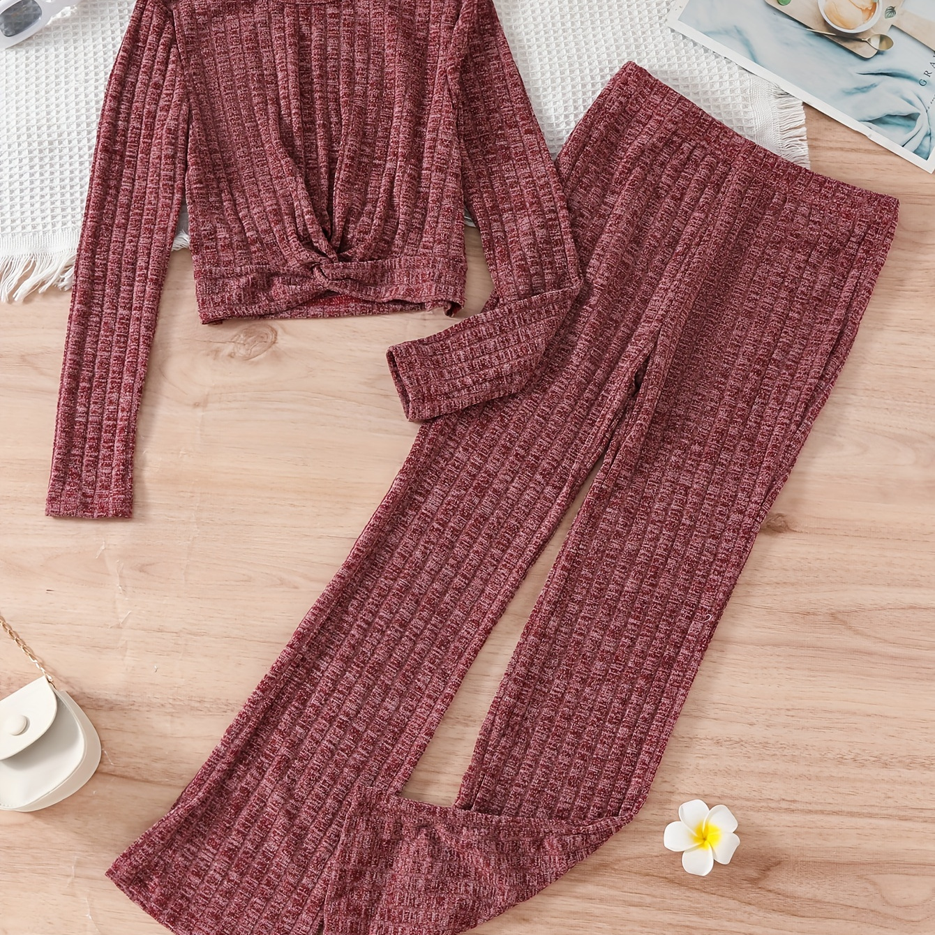

Warm Outfits Girls 2pcs Ribbed Knit Set, Twist Front Pullover + Pants Set Spring Fall Gift