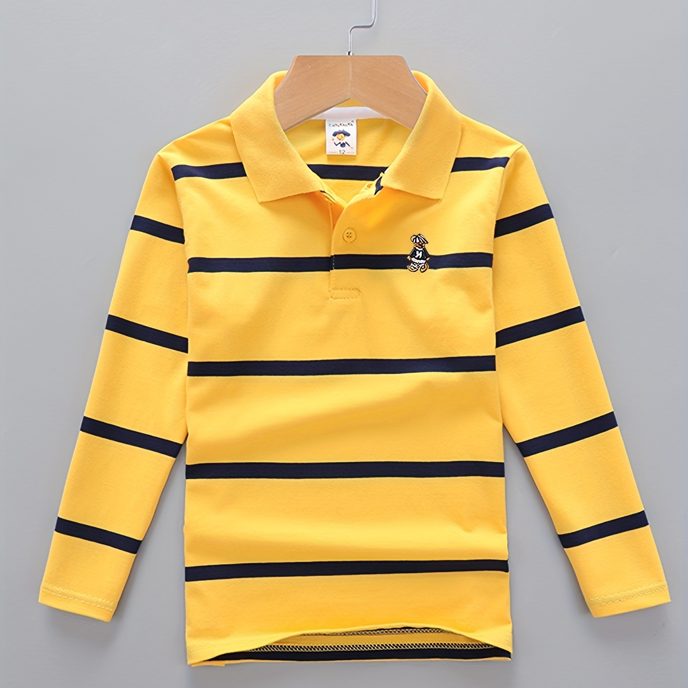 

Boys Striped Creative Bear Print Lapel Shirt, Casual Lightweight Comfy Long Sleeve Lapel Tee Tops, Kids Clothes For Spring Fall