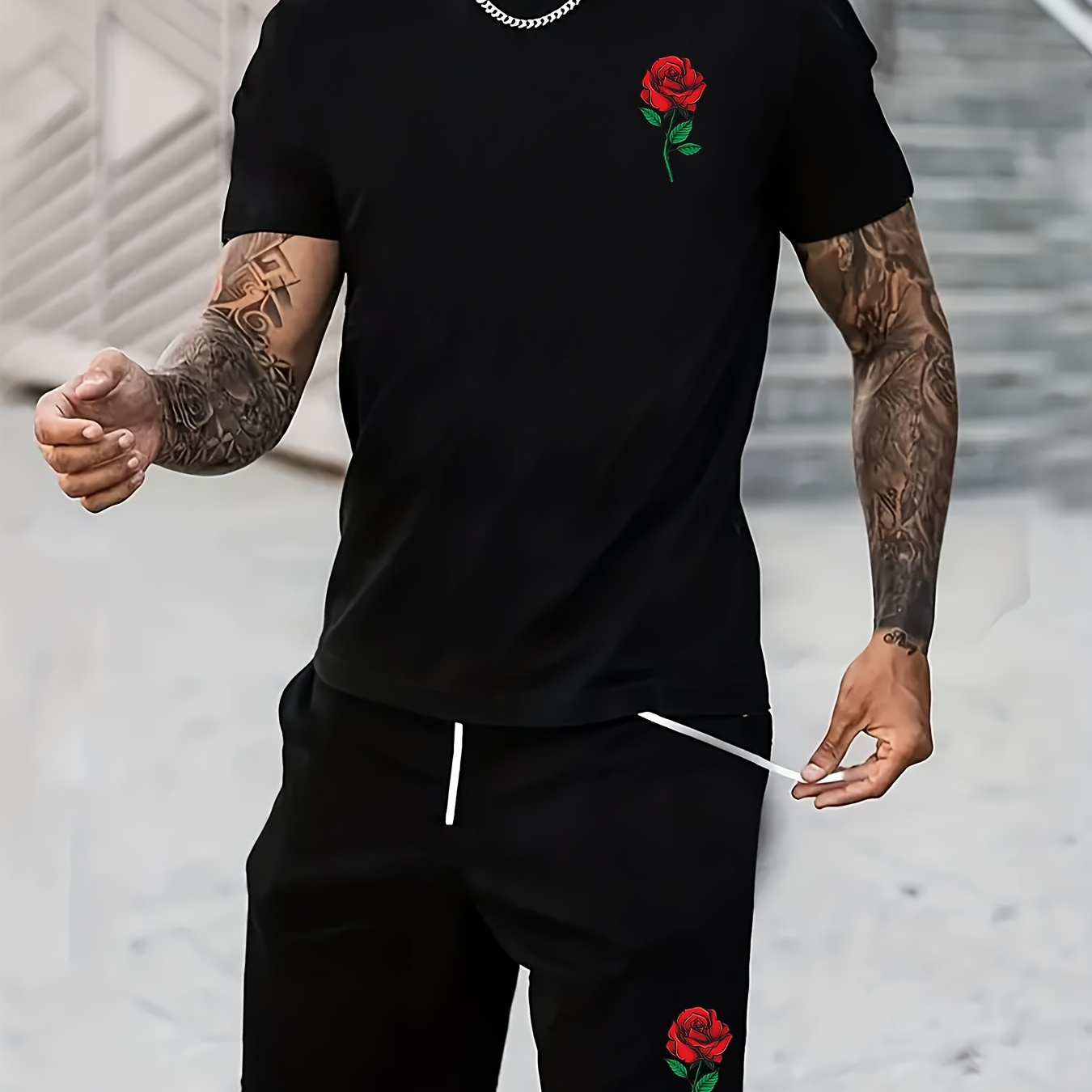 

Rose Print Men's Short Sleeve T-shirt & Drawstring Shorts 2pcs Casual Sports Regular Top Pants Suit Outfits For Spring Summer