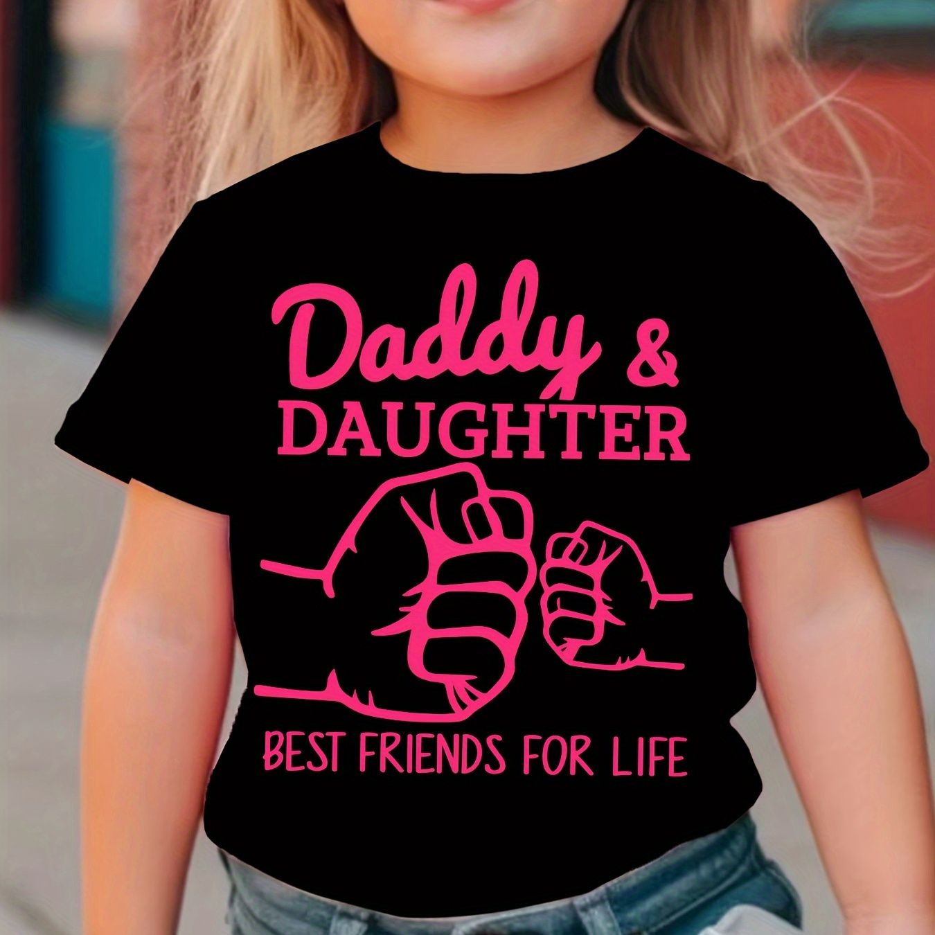 

Daddy & Daughter & Fists Graphic Print Tee, Girls Comfy & Trendy T-shirt For Spring & Summer, Girls Clothes For Outdoors