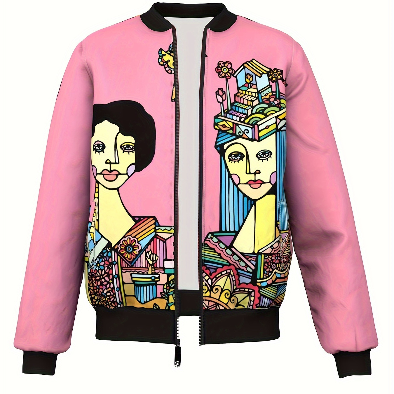 

Men's Spring And Autumn Fashion, Graffiti Style Women And House Illustration Print Stand Collar Zip Up Long Sleeve Sports Jacket, Chic And Trendy Jacket For Daily Outerwear