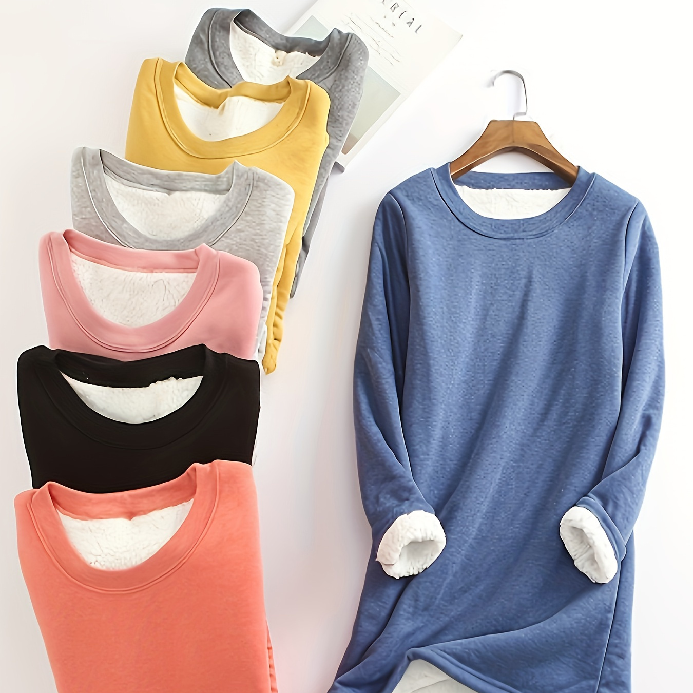 

Women's Long Sleeve Fleece-lined Tops, Polyester Knit Fabric, Solid Color Pullover Style, Warm Base Layer Shirts With No Padding