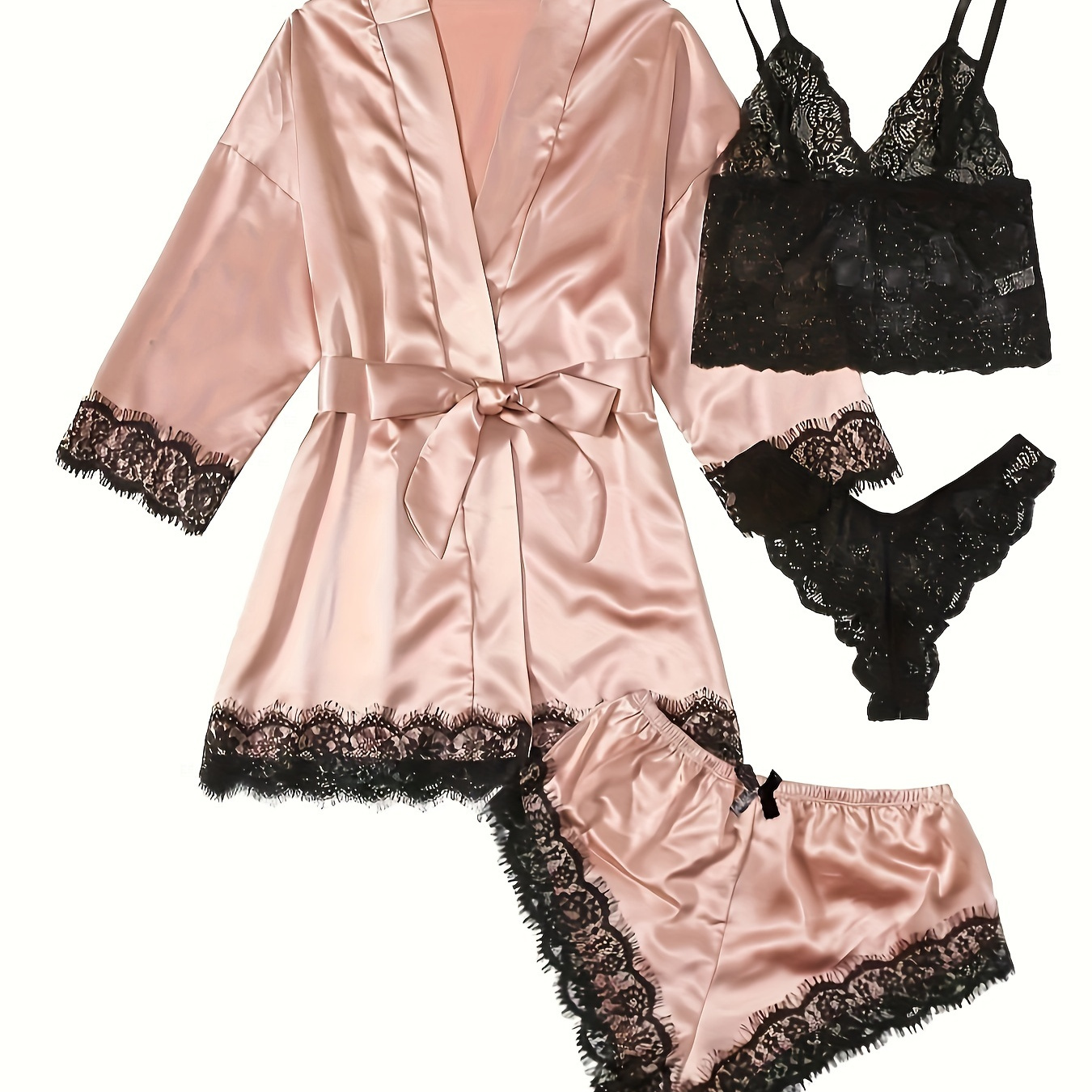 

Lace Stitching Satin Pajama Set, Long Sleeve Robe With Belt & Floral Lace Cami Top & Panties & Shorts, Women's Sleepwear