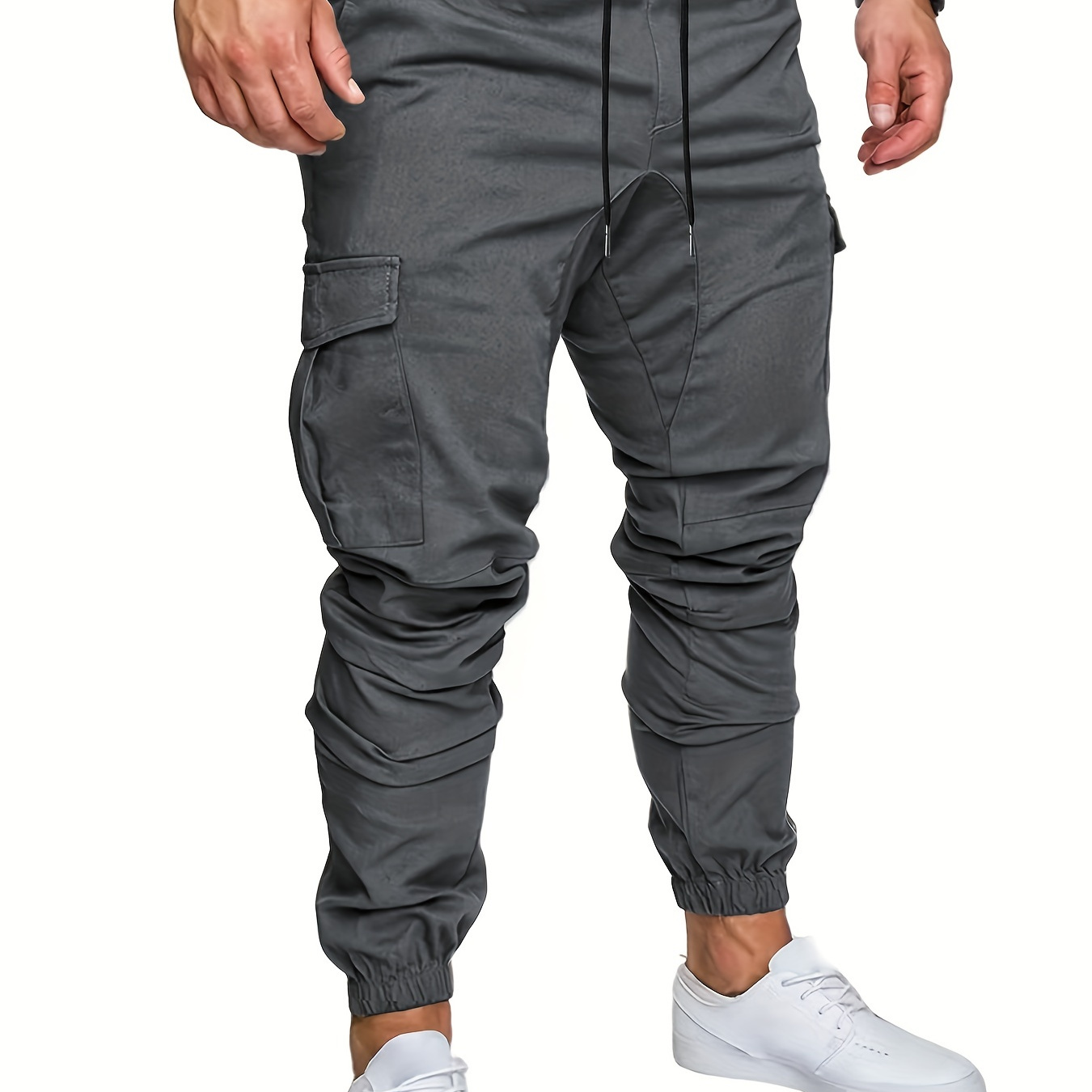 Men's Plus Size Flap Pocket Drawstring Waist Joggers Cargo Pants, Casual Trendy Solid Long Pants