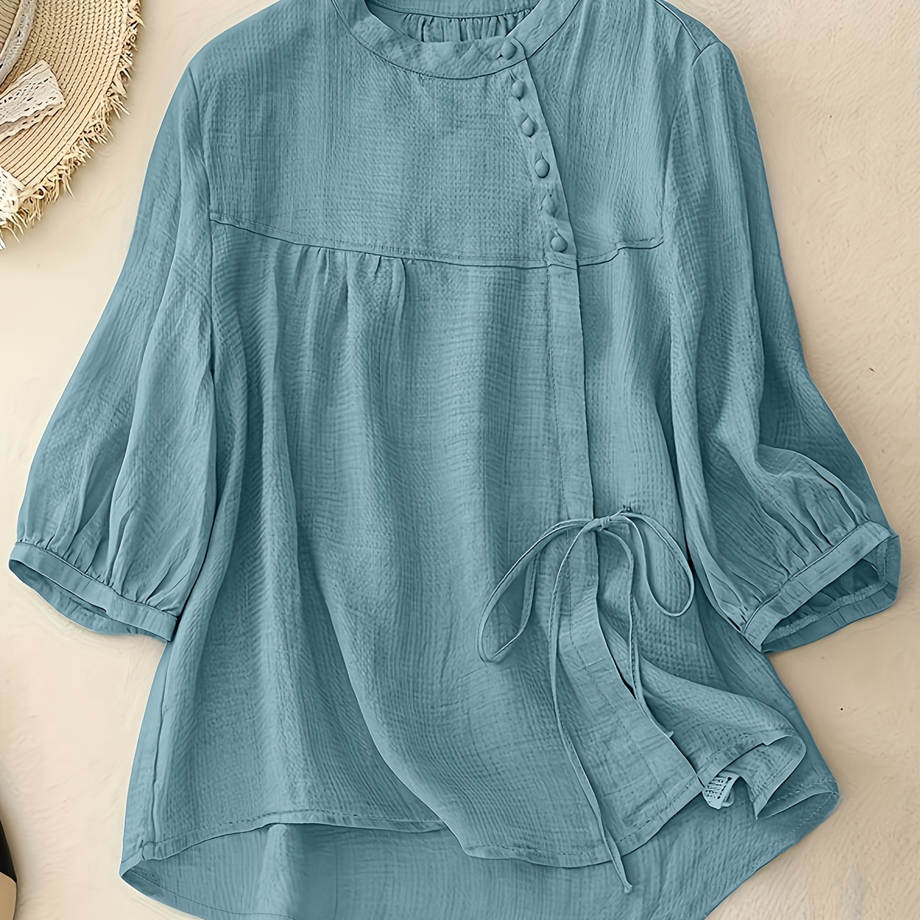 

[] Plus Size Casual Light Blue Blouse With Half-sleeves, Round Neck, And Tie Detail - Polyester, , Plus Size Blouses