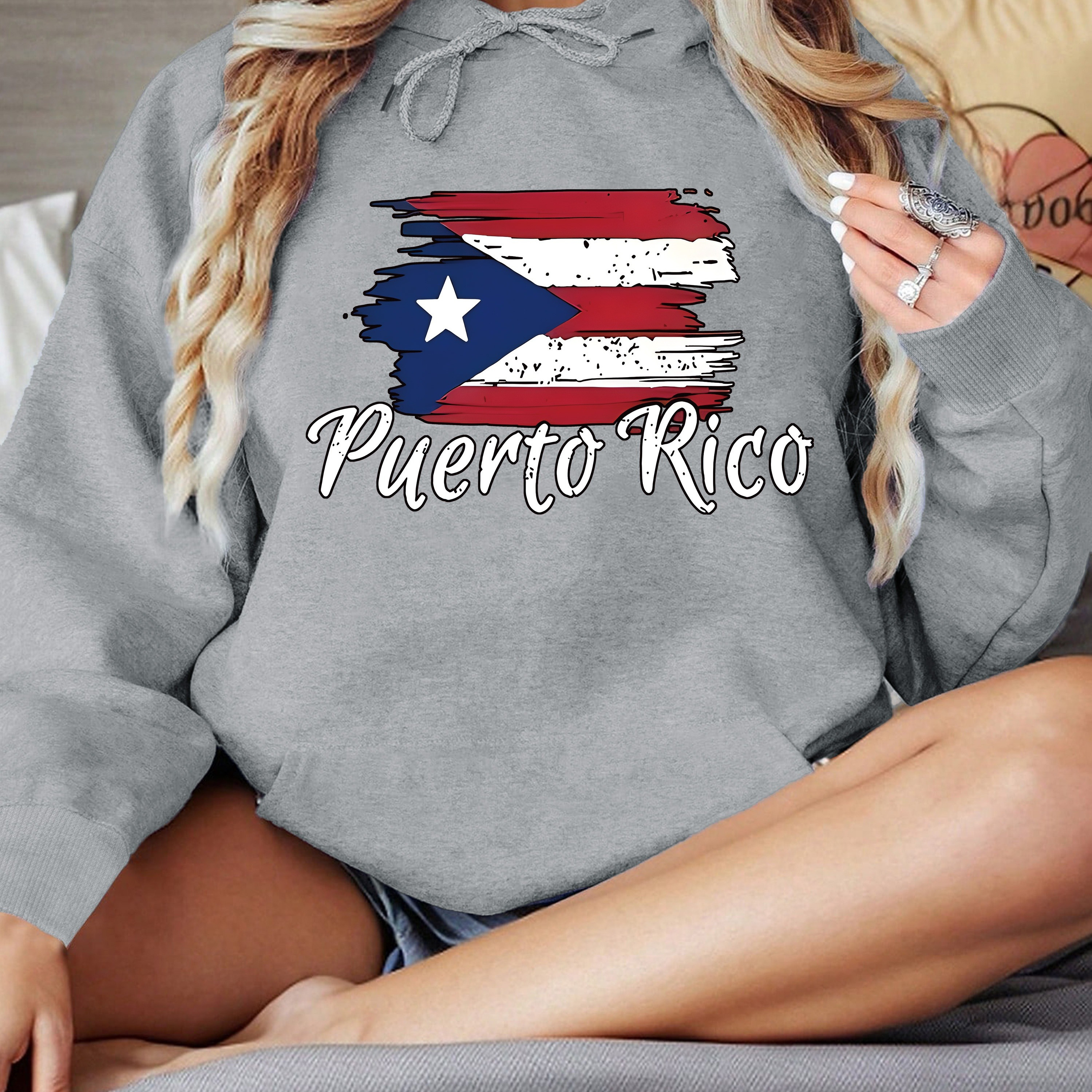 

Flag Print Hoodie, Casual Long Sleeve Kangaroo Pocket Hooded Sweatshirt, Women's Clothing