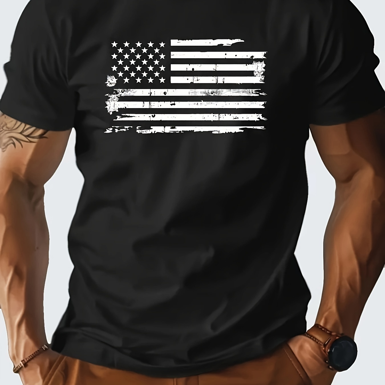 

American Flag Print Tee Shirt - Soft Cotton Crew Neck Short Sleeve T-shirt For Men - Casual, Slight Stretch, All-season Wear, Regular Fit