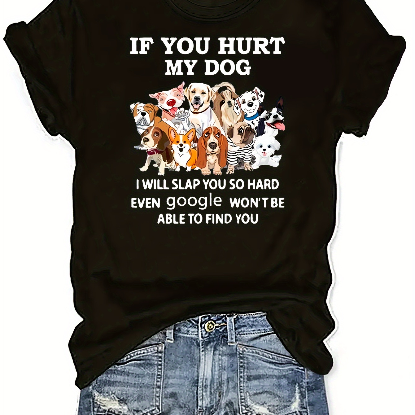

Plus Size Dog & Letter Print T-shirt, Casual Short Sleeve Top For Spring & Summer, Women's Plus Size Clothing