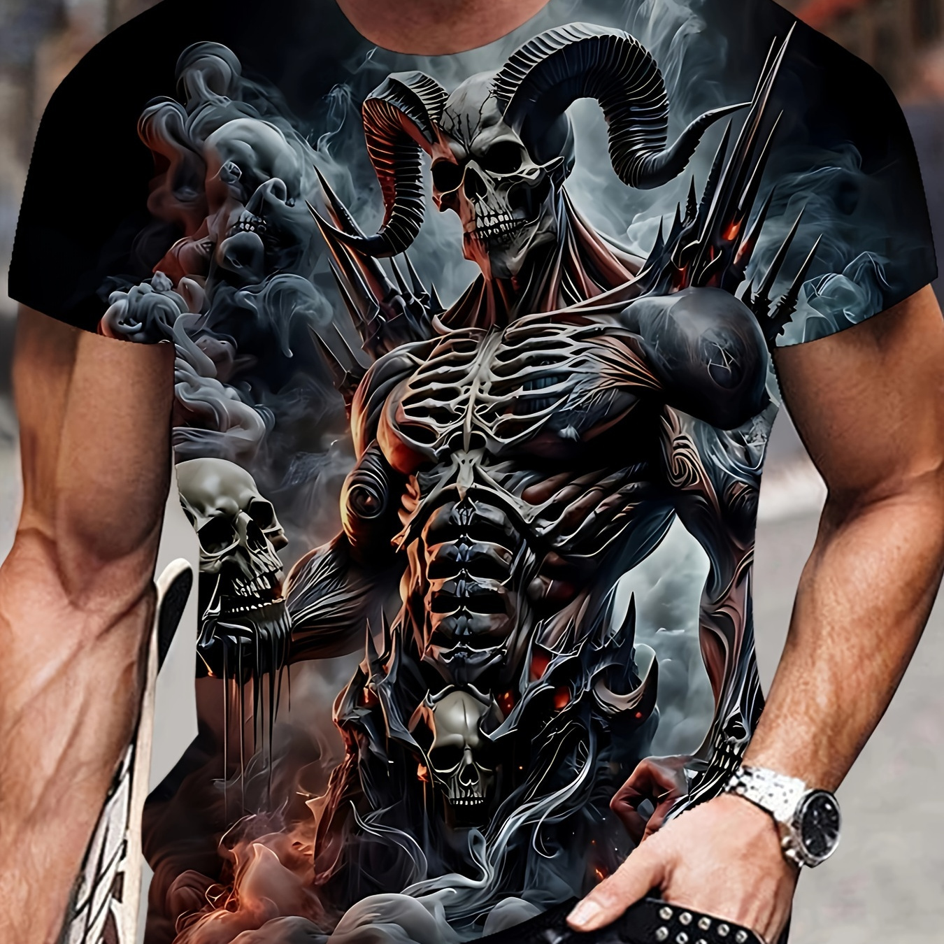 

Men's 3d Skeleton Print T-shirt, Casual Short Sleeve Crew Neck Tee, Outdoor Apparel, 100% Polyester Knit Fabric, Slight Stretch, Regular Fit, 150gsm - Black