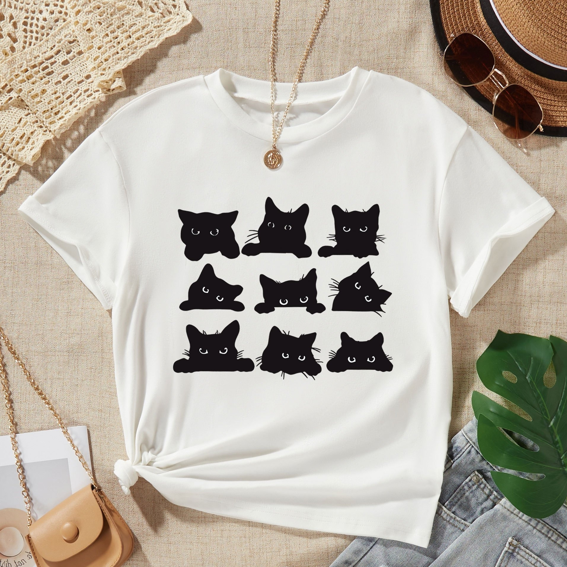 

Cute Cartoon Black Cats Graphic Print, Girls' Casual Short Sleeve T-shirt Top For Spring And Summer For Outdoor Activities