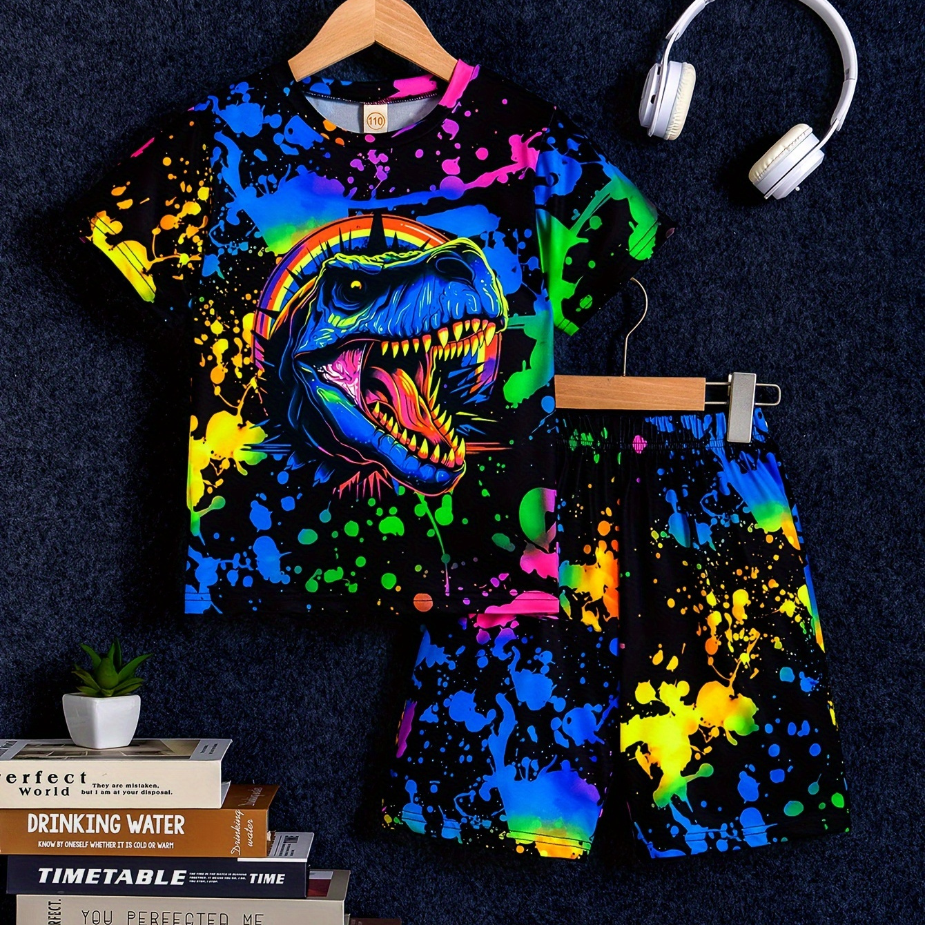 

2-piece Boys Casual Outfit Set, Glow In The Dark Dino Print Versatile Short Sleeve Tee & Shorts, Comfy Summer Clothes