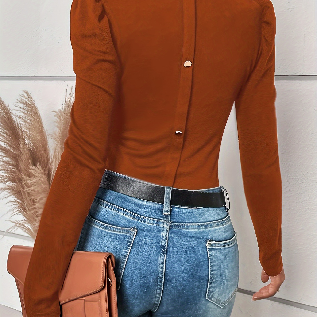 

Solid Color Mock Neck T-shirt, Elegant Long Sleeve Button Decor Top For Spring & Fall, Women's Clothing