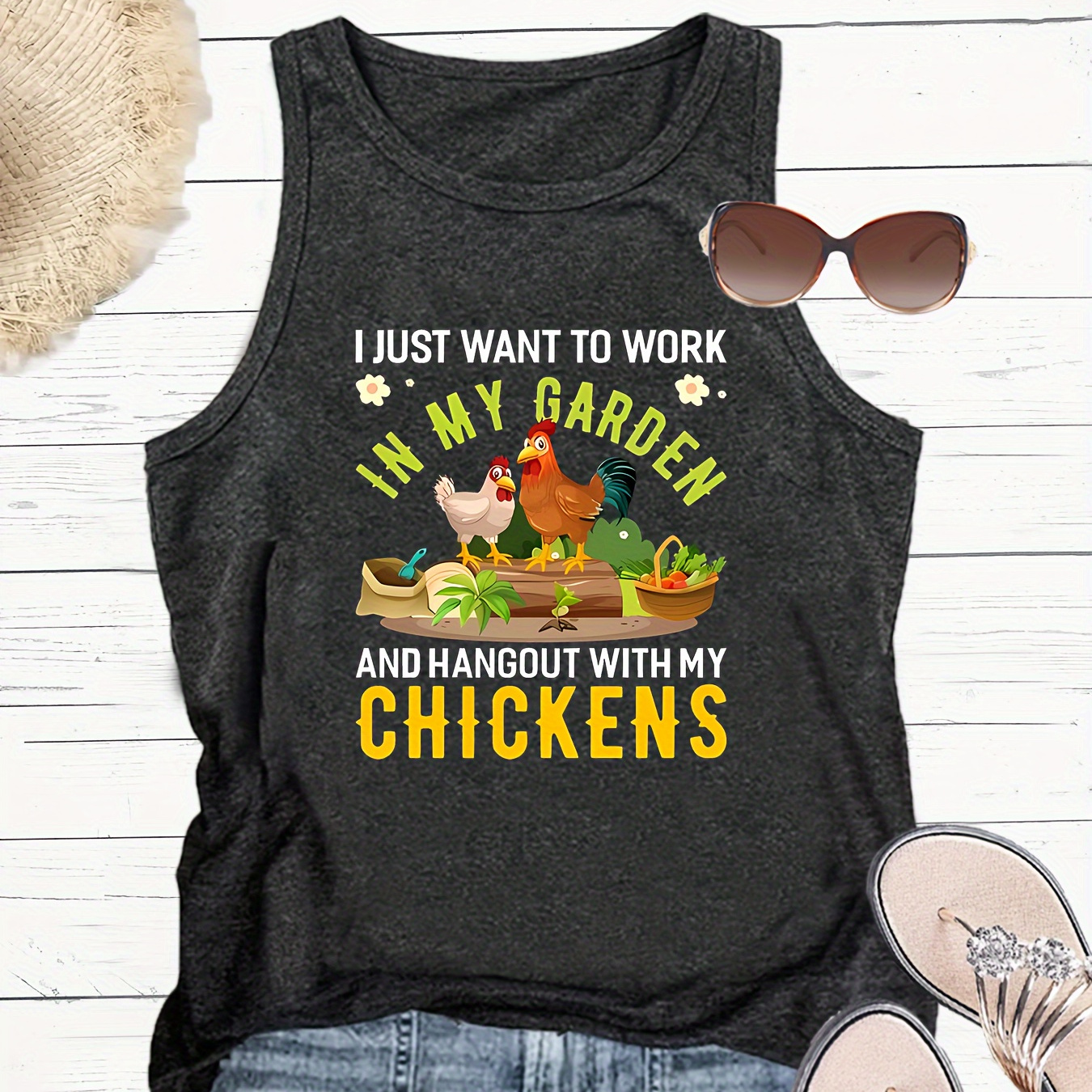 

Chicken & Letter Print Crew Neck Tank Top, Casual Sleeveless Tank Top For Summer, Women's Clothing