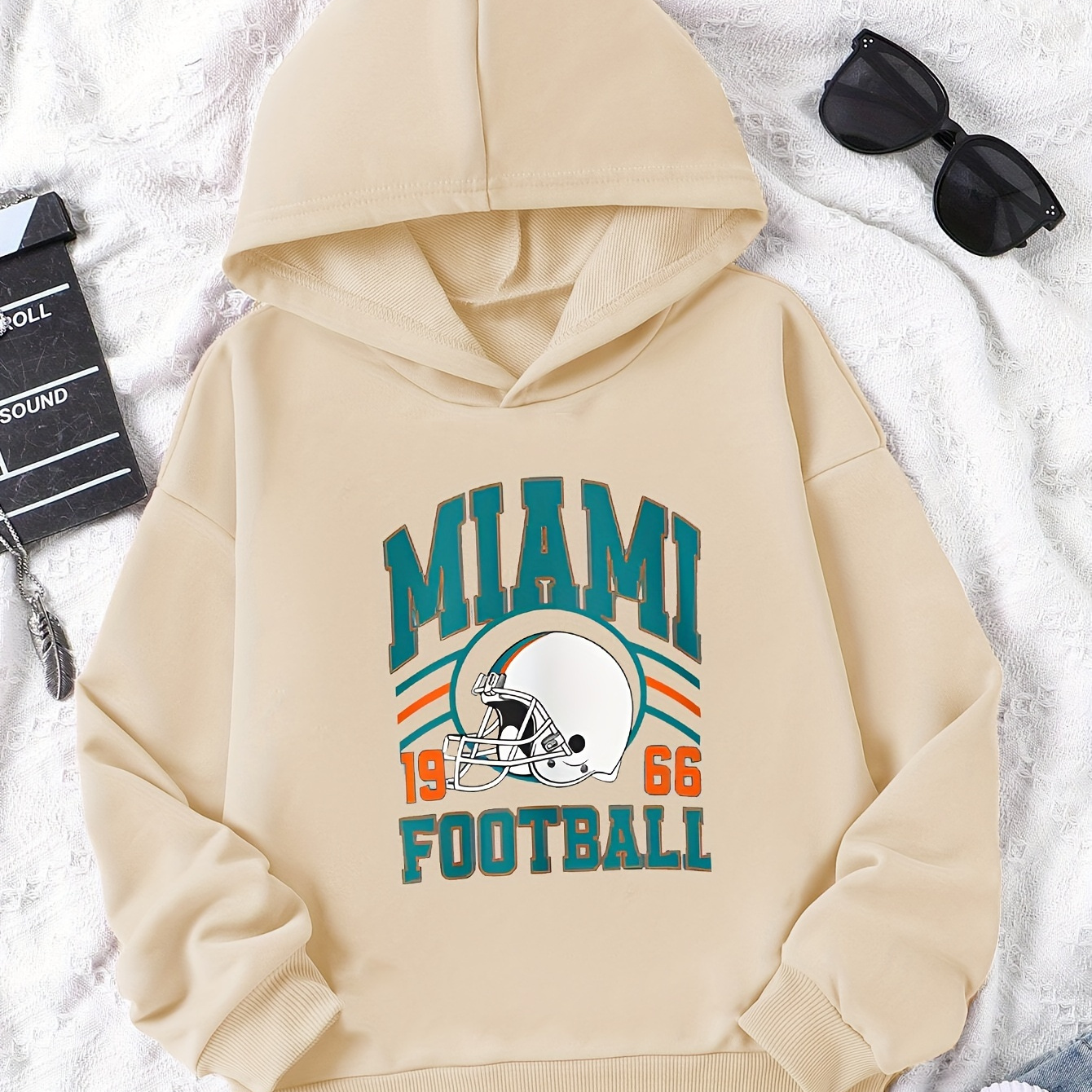 

Casual Polyester Hooded Sweatshirt With Applique - Kids' Miami Football Graphic Hoodie With Alphabets Pattern And Slight Stretch For Fall/winter - Regular Fit Knit Fabric Hoodie For Ages 12 And Under