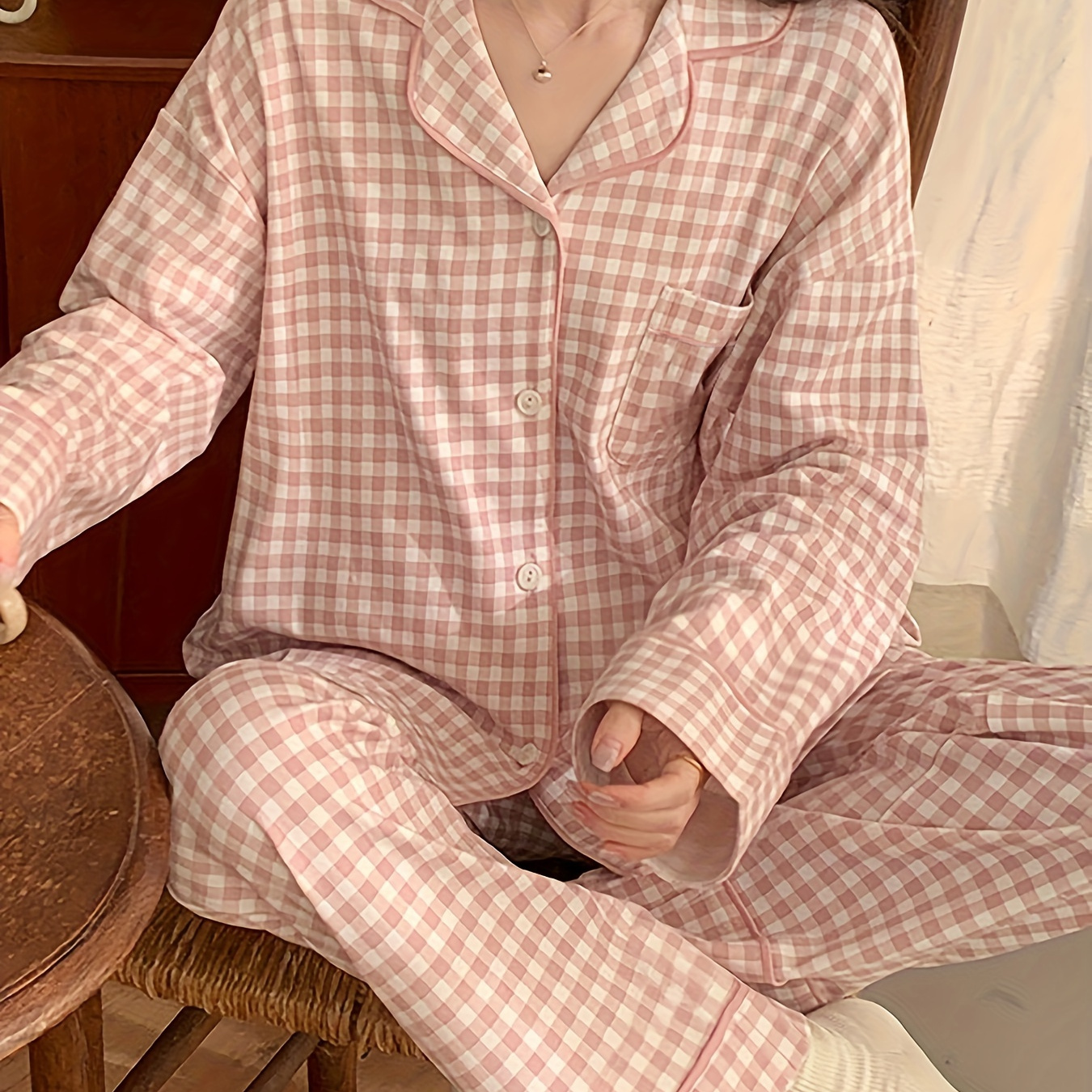 

Women's Plaid Print Casual Pajama Set For Fall, Long Sleeve Buttons Lapel Top & Pants, Comfortable Relaxed Fit