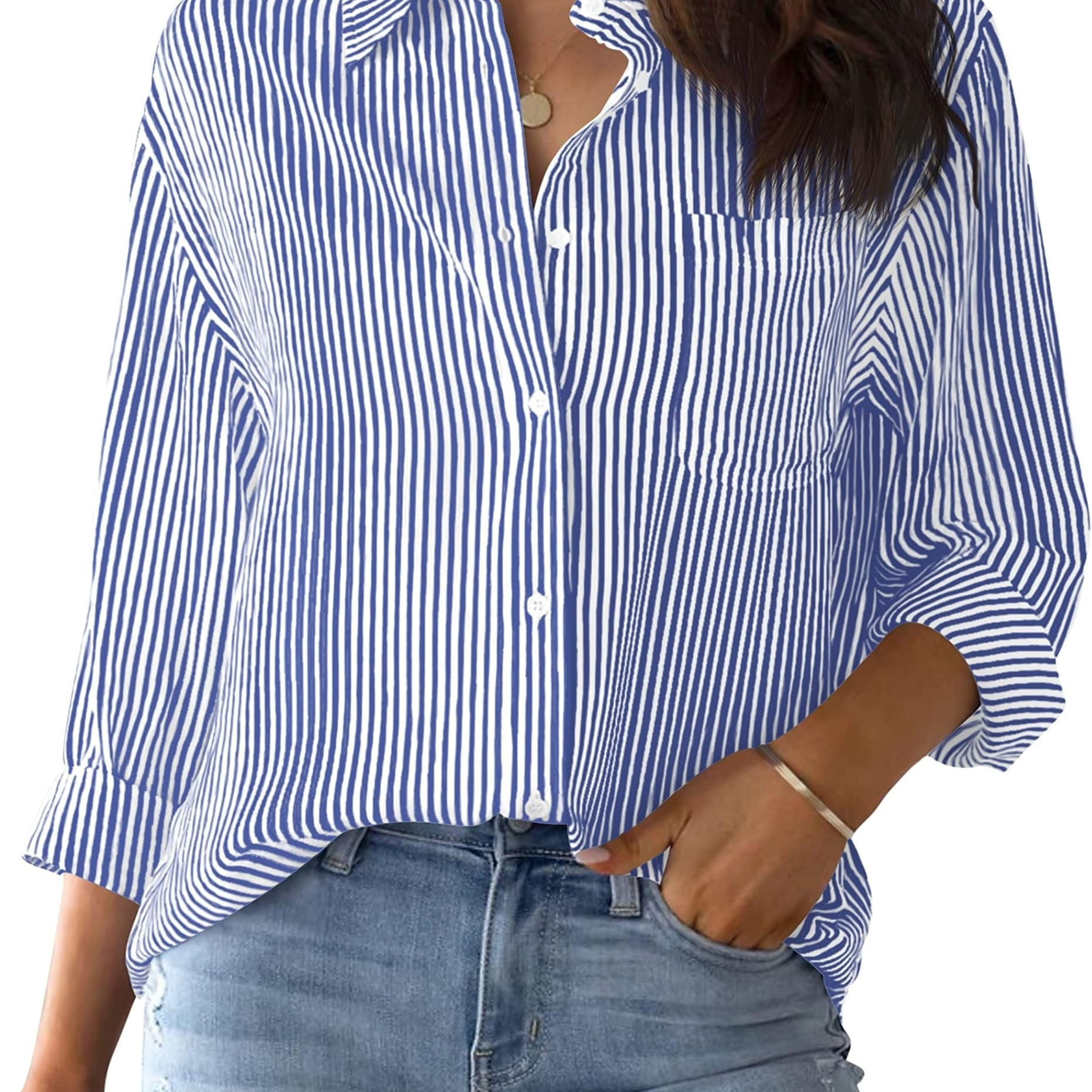 

Striped Print Button Front Shirt, Casual Long Sleeve Shirt With Pocket, Women's Clothing