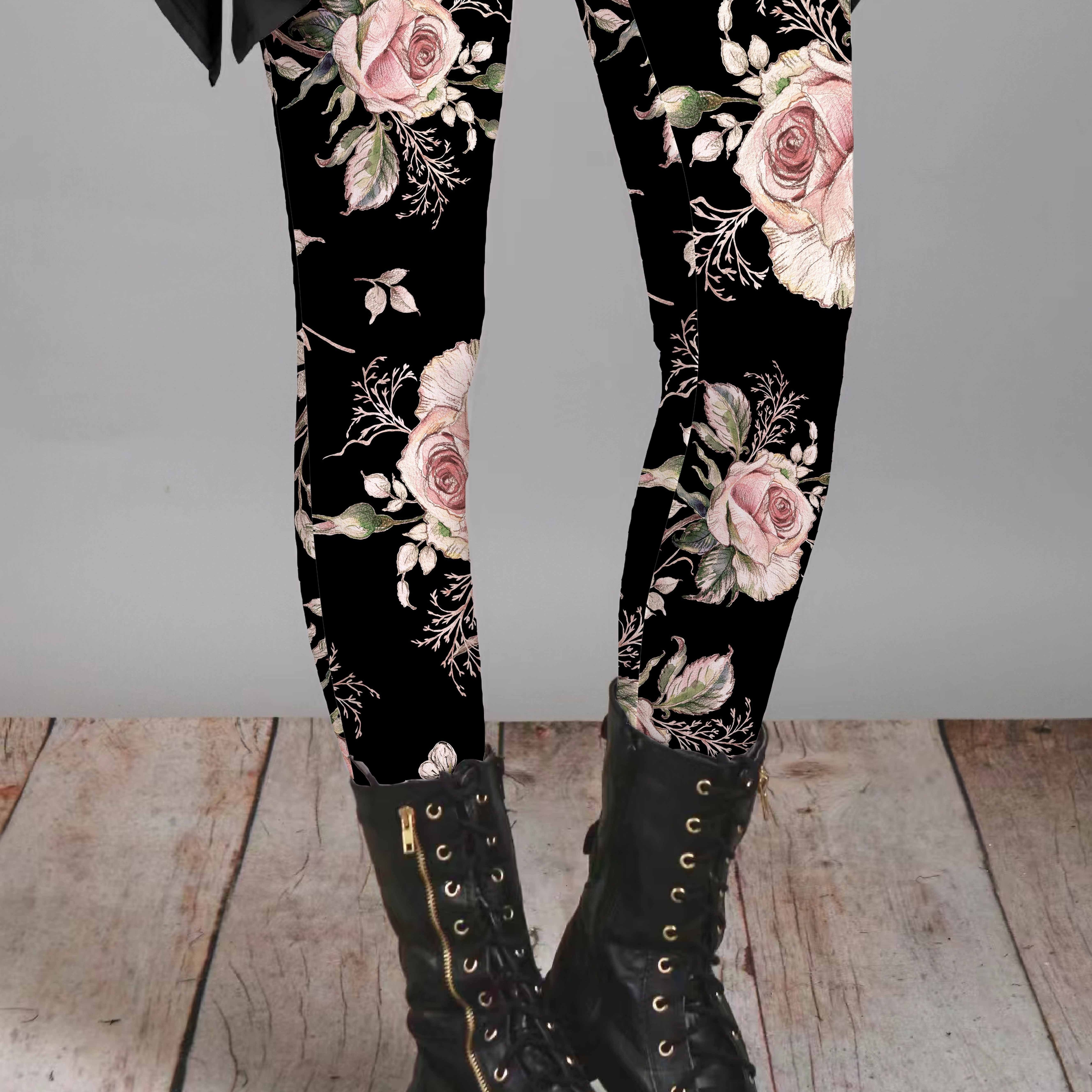 

Plus Size Floral Print Skinny Leggings, Casual High Waist Stretchy Leggings For , Women's Plus Size Clothing