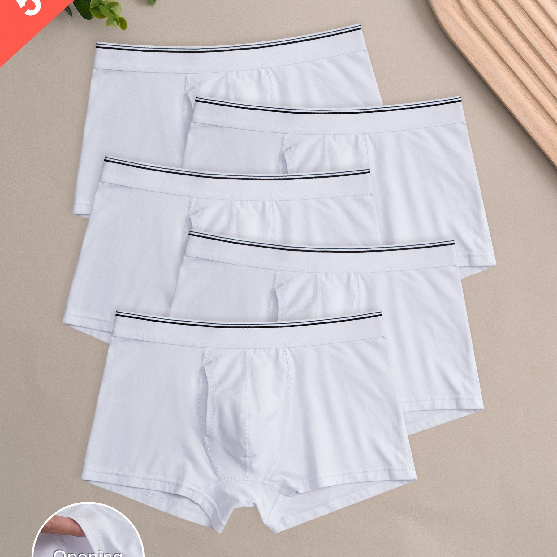 

5pcs Men's Boxer Shorts - Cotton Comfortable Breathable Flat Pants - Airplane Bag Opening Design 4 Corners - White Underwear