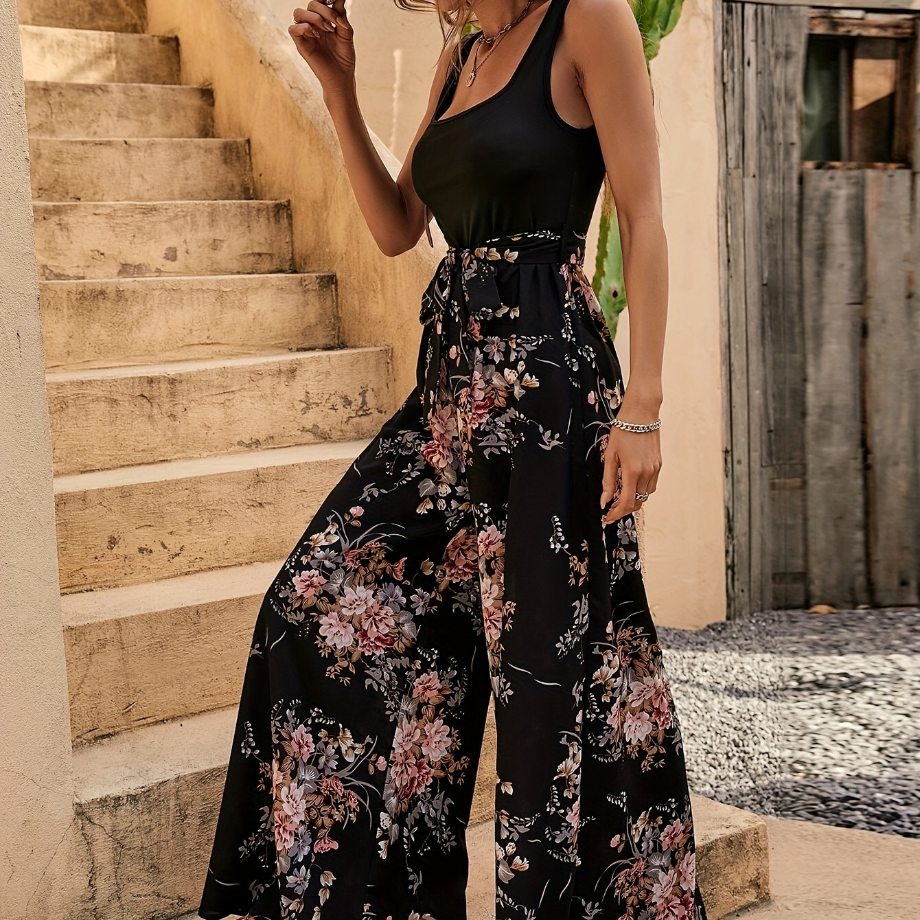 

Floral Print Tank Jumpsuit, Vacation Casual Wide Leg Sleeveless Jumpsuit For Spring & Summer, Women's Clothing