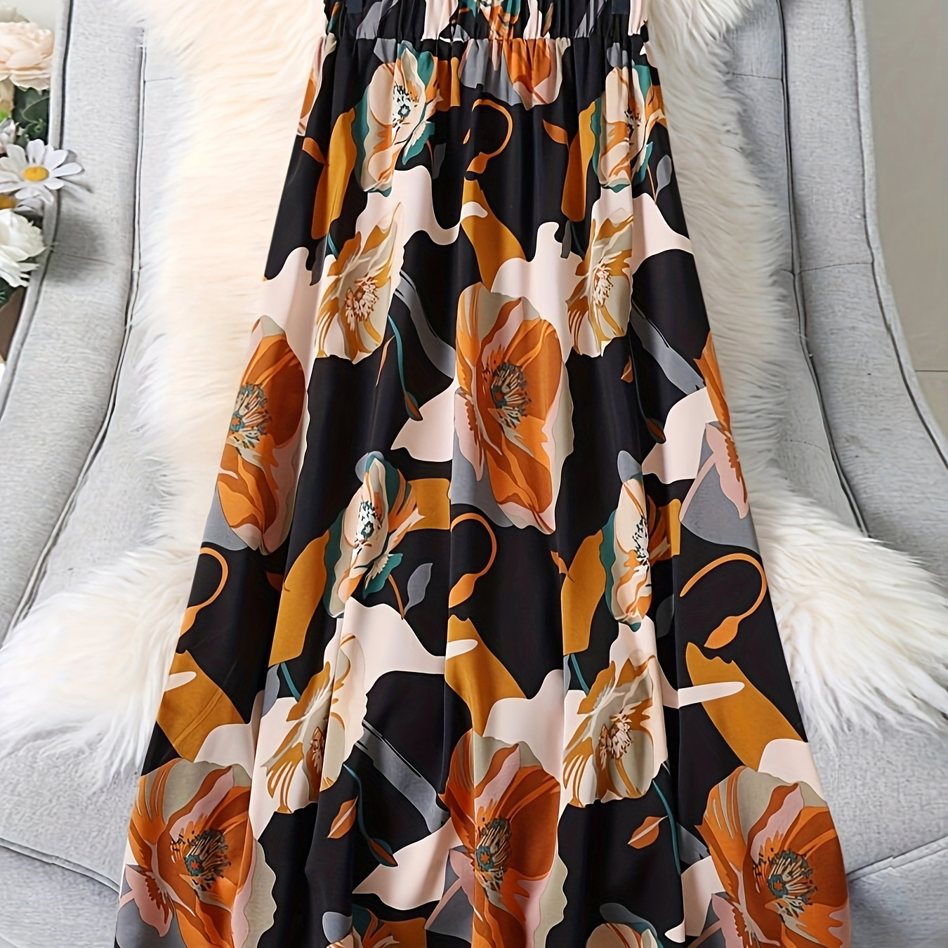 

Plus Size Floral Print Swing Skirt, Vacation Style Elastic Waist Skirt For Spring & Summer, Women's Plus Size Clothing