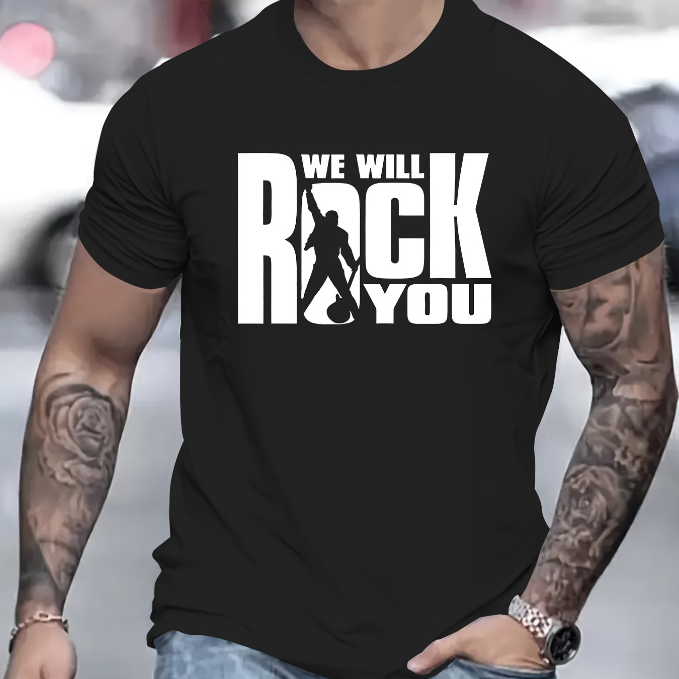 

We Will Rock You" T-shirt décontracté à imprimé créatif pour hommes, haut d'été et de printemps à manches courtes, coupe confortable, t-shirt élégant à col rond pour tous les jours.