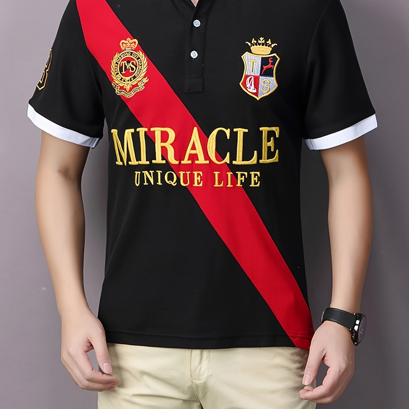 

Plus Size Men's "miracle" Graphic Print Golf Shirt, Outdoor Short Sleeve Shirt For Summer