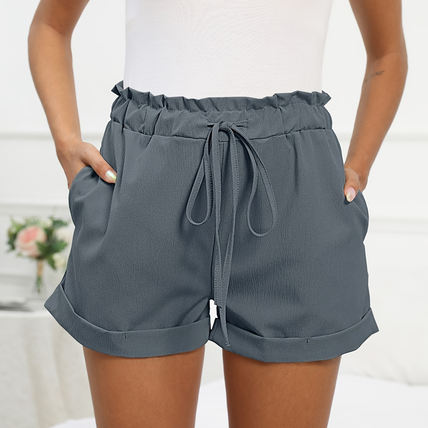 

Plain Color Slant Pockets Shorts, Casual Fake Drawstring Shorts For Spring & Summer, Women's Clothing