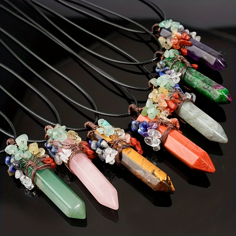 1pc 7 Chakra Healing Crystal Necklace Tree Of Life Wire Wrapped Pendant Necklaces Reiki Stone Gemstone Quartz Jewelry For Womens Girls