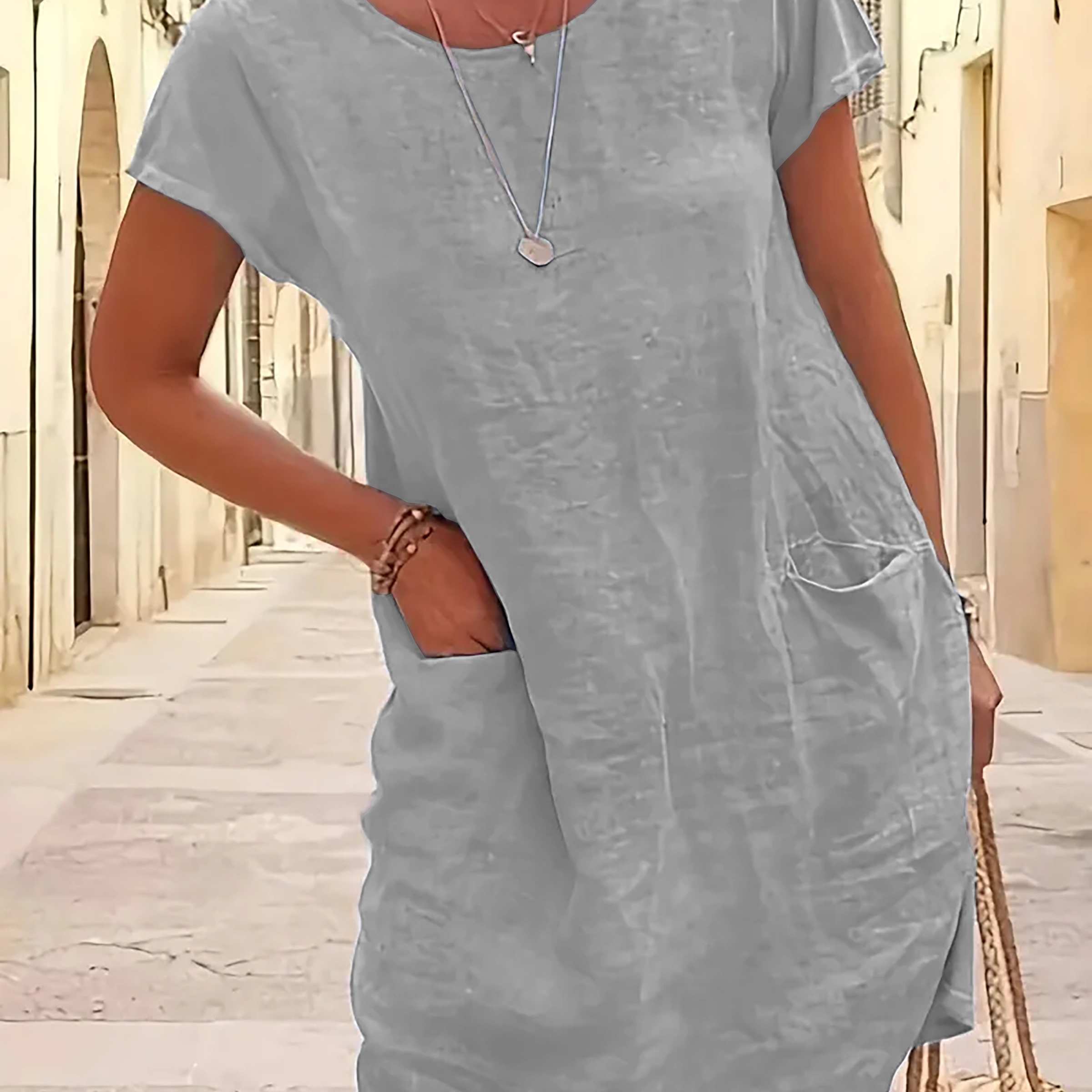 

Linen Solid Color Crew Neck Dress, Casual Short Sleeve Dress For Spring & Summer, Women's Clothing