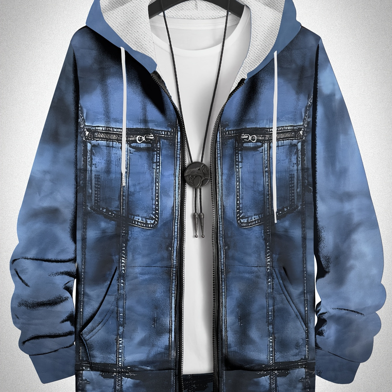 

Men' Style Hooded Denim-look Zip-up Jacket With - Polyester, Machine Washable, Non-transparent, Knit Fabric, Regular Fit