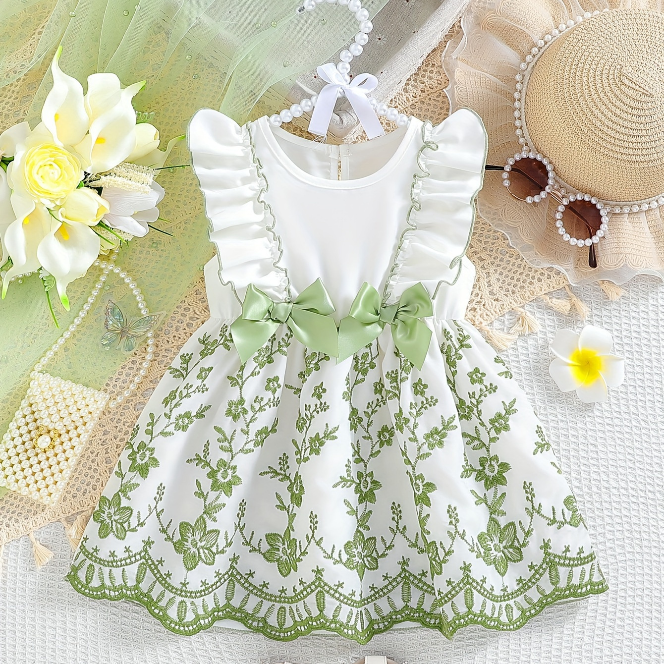 

Baby's Elegant Flower Pattern Bowknot Decor Sleeveless Dress, Infant & Toddler Girl's Clothing For Summer/spring, As Gift