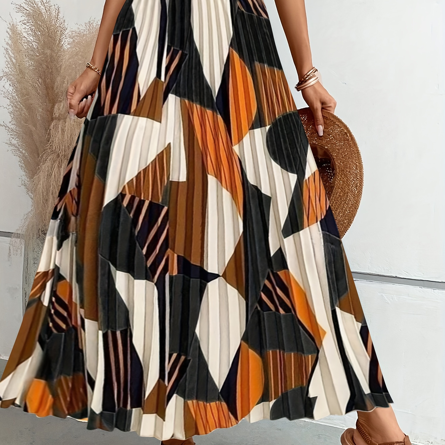 

Allover Geo Print Pleated Skirt, Elegant Elastic Waist Ankle Length Skirt For Spring & Summer, Women's Clothing