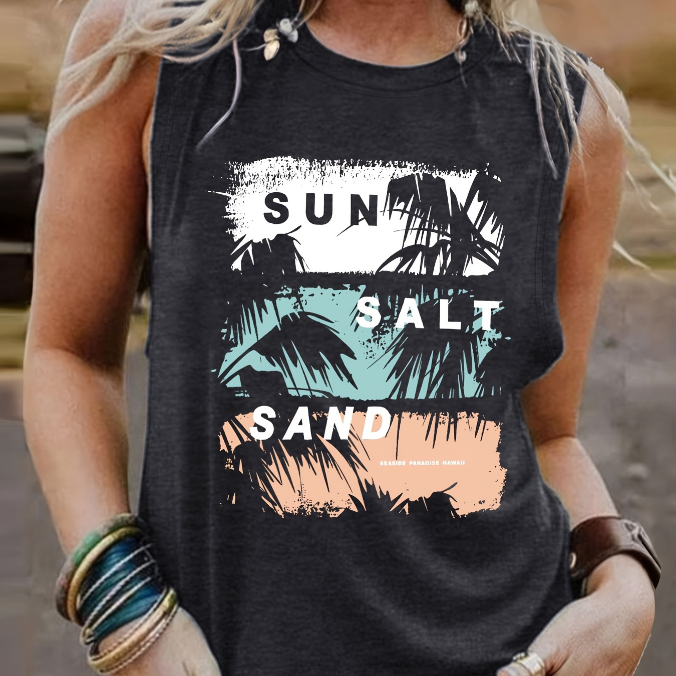 

Sun Salt Sand Print Tank Top, Casual Sleeveless Top For Spring & Summer, Women's Clothing