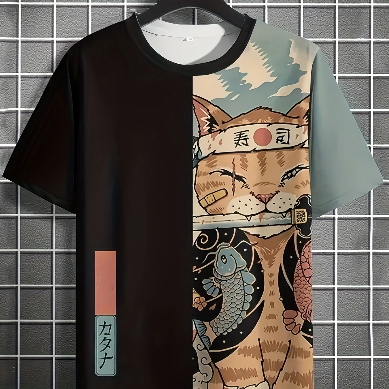 

Retro Comic Style Cat Samurai Pattern T-shirt With Short Sleeve And Crew Neck, Trendy And Chic Tops For Men's Summer Leisurewear
