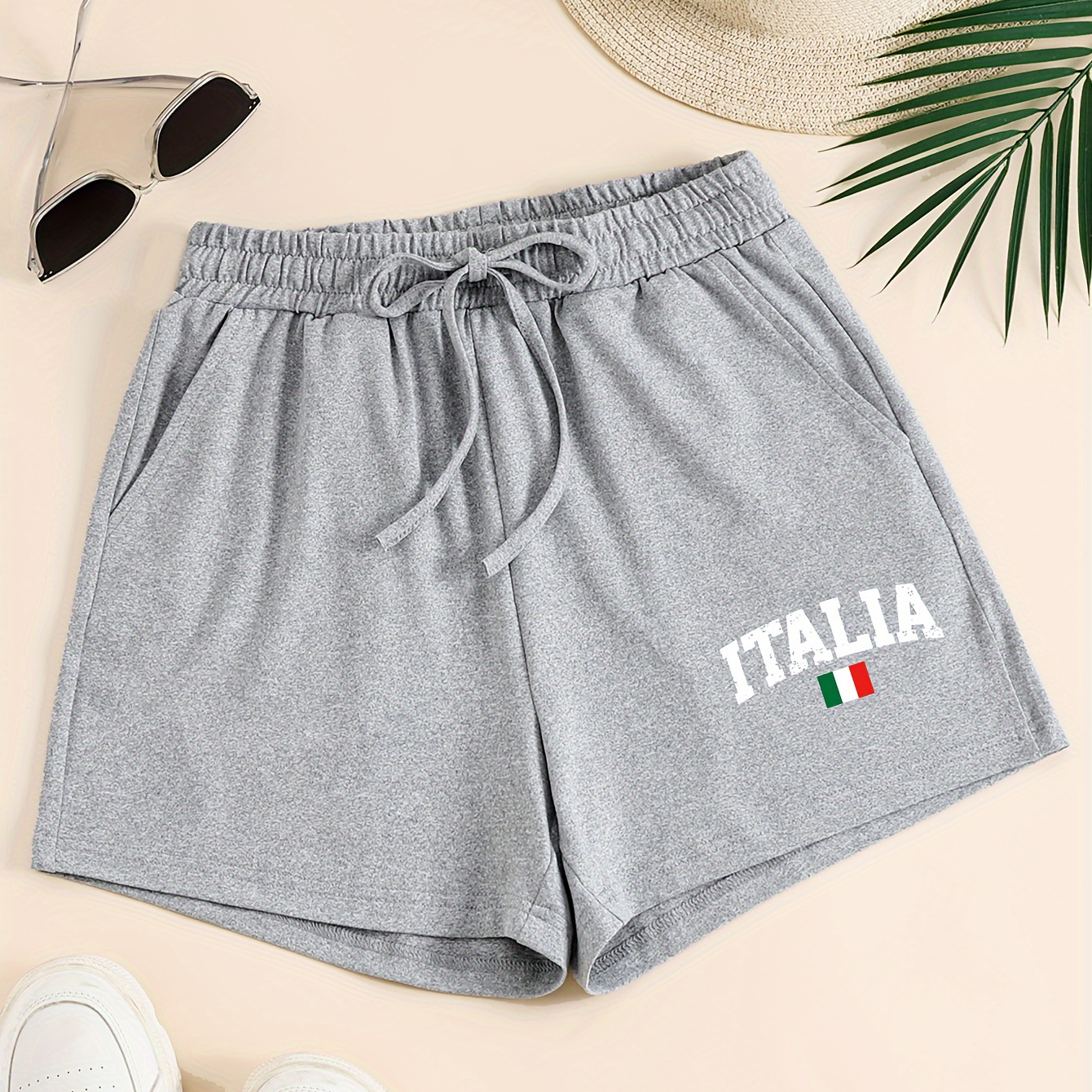 

Italia Print Shorts With Pockets, Casual Drawstring Waist Shorts For Spring & Summer, Women's Clothing