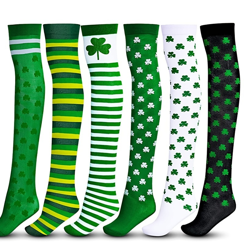 

Lucky Shamrock Print Socks, Green Striped Socks St. Patrick's Day Over The Knee Socks, Women's Stockings & Hosiery