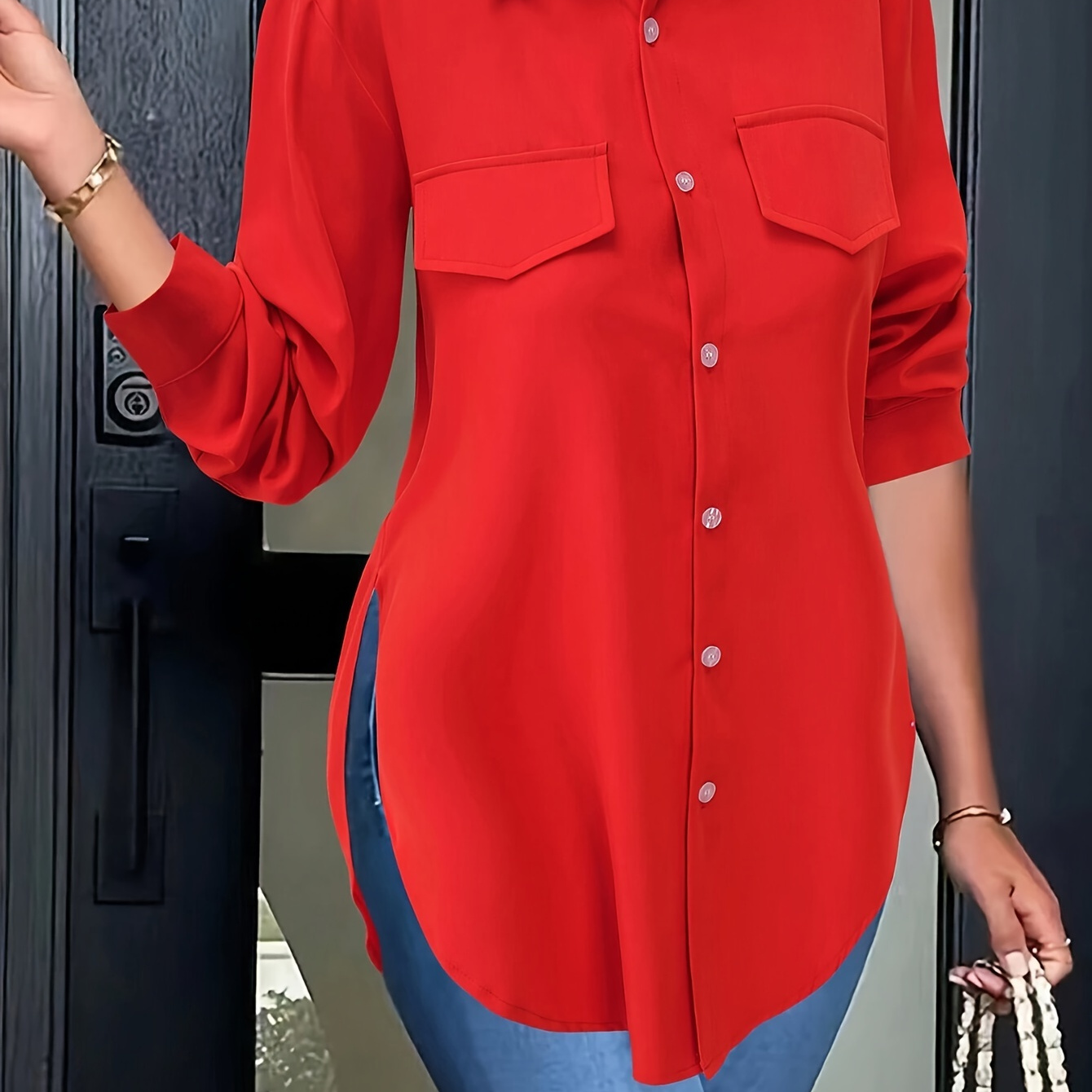 

Solid Color Button Front Shirt, Elegant Long Sleeve Split Hem Shirt For Spring & Fall, Women's Clothing