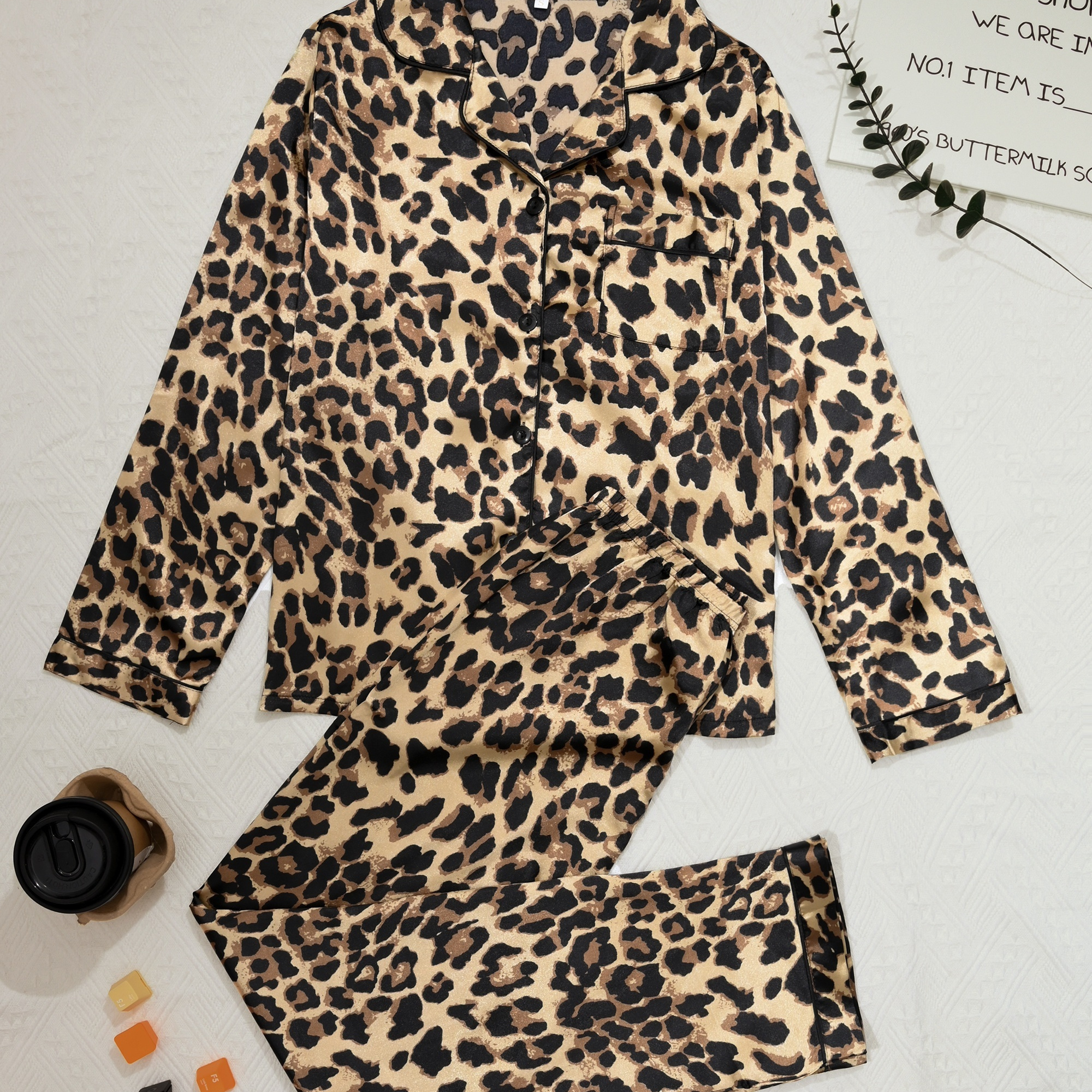 

Women's Mature Leopard Print Satin Pajama Set, Long Sleeve Buttons Lapel Top & Pants, Comfortable Relaxed Fit For Fall